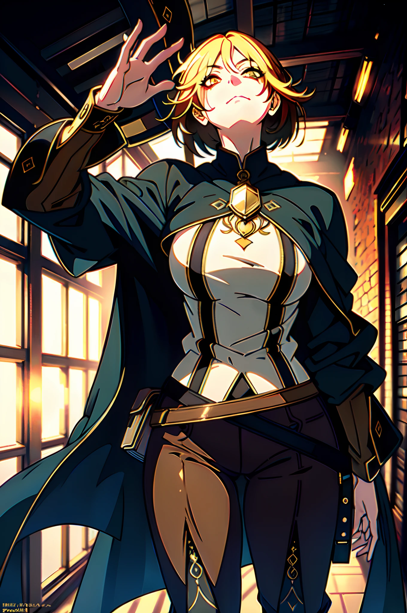 1_girl, ((Best quality)), ((masterpiece)), ((highly intricate details)), ((anime)), (anime:1.2), (perfect face:1.3), colorful, highest detailed, vibrant colors, high contrast, (8K UHD:1.2), (photorealistic:1.2),(masterpiece:1.4), (best quality:1.4),extremely detailed wallpaper, highly detailed illustrations, (super-complex details), 4K unified, (super-detailed CG: 1.2), (8K: 1.2), (original), (masterpiece), paled skin, yellow sanpaku eyes, black cloak, medium breasts, erotic, beatifull, very detailed fingers, very detailed hand, perfect_hands, well-detailed fingers, well-detailed hand, perfect, ((empty hands)), bags_under_eyes, blond hair, short hair, white shirt, brown pants, thigh boots, serious face, ((neia))