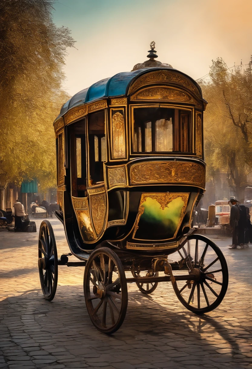 A detailed view of an old carriage abandoned in modern streets of Mashhad in impressionist watercolor and ink style