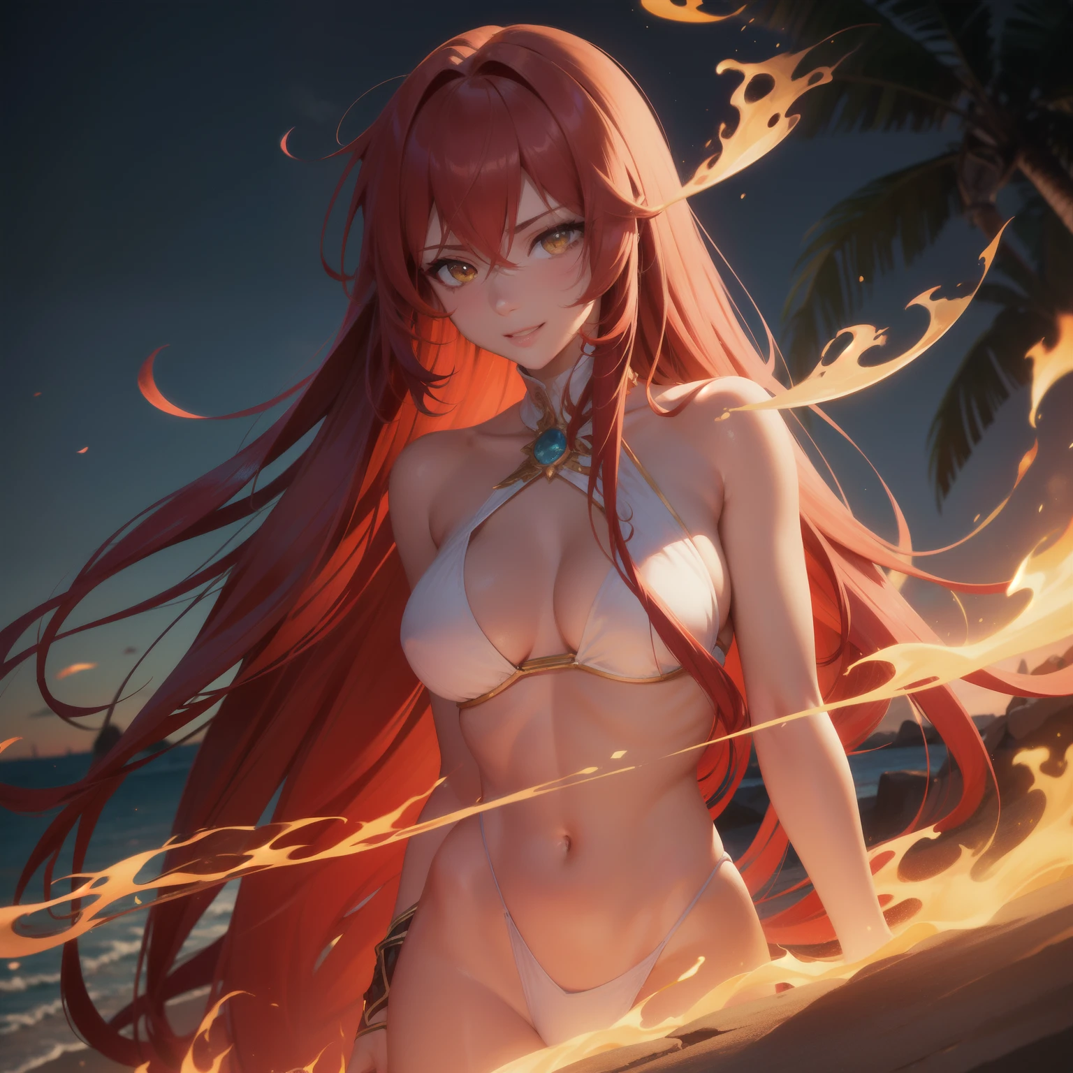 Cinematic soft lighting illuminates a stunningly detailed and ultra-anime handsome female supermodel, beach look, ultra long messy red hair, clear light yellow eyes, captivating perfect smile, sensual, hot woman, insanely handsome. perfect tool to capture the softest details of this 16k photography masterpiece. Flame and lava, night, ancient outfit and background