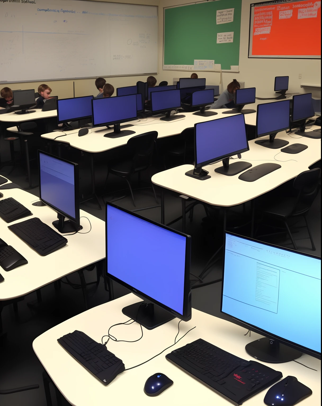 Sporthalle einer Schule, on the edge there are computers on desks for e-sports