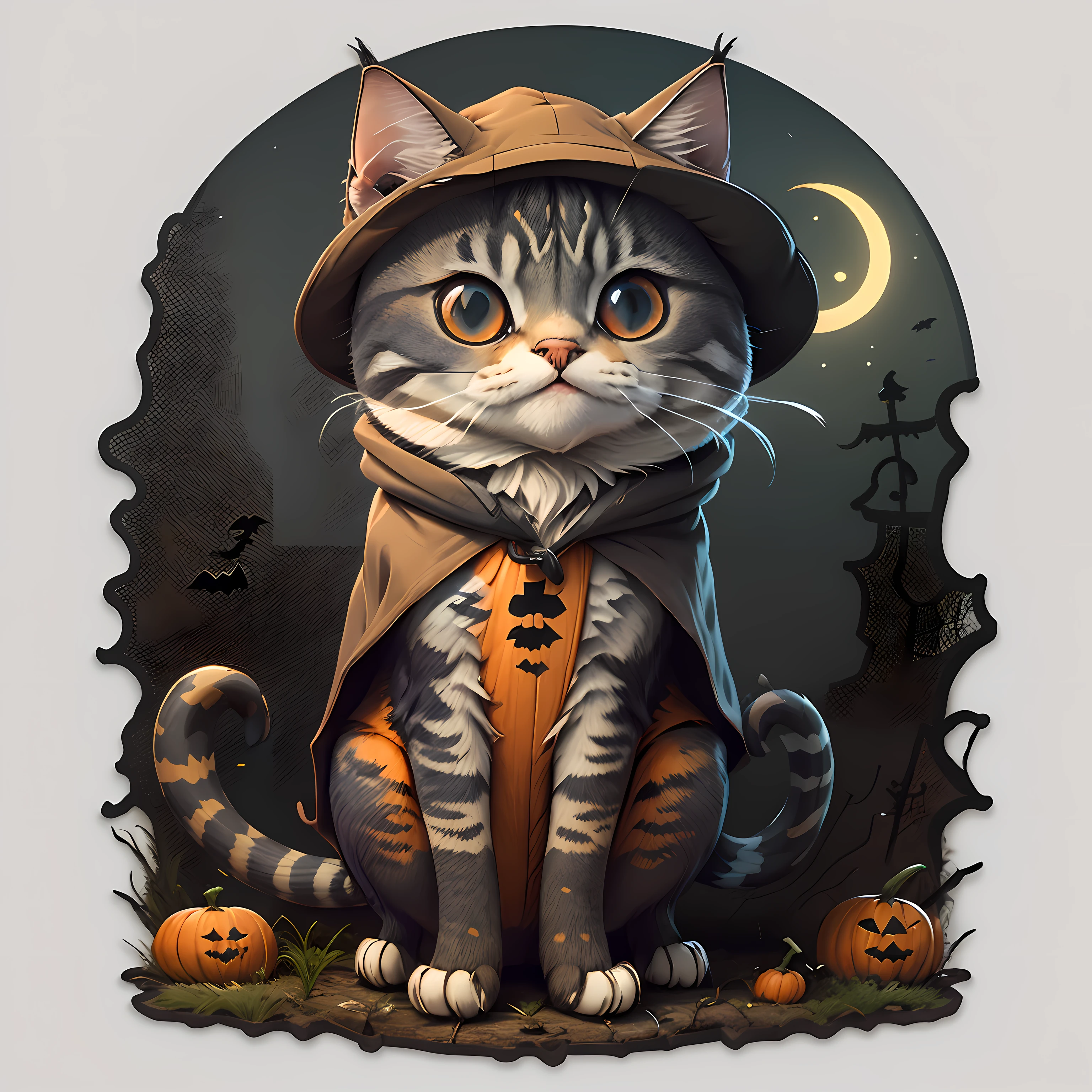 adesivo bonito dos desenhos animados de um gato vestida como um bruxo de capa roxa escura, style cartoon, Halloween