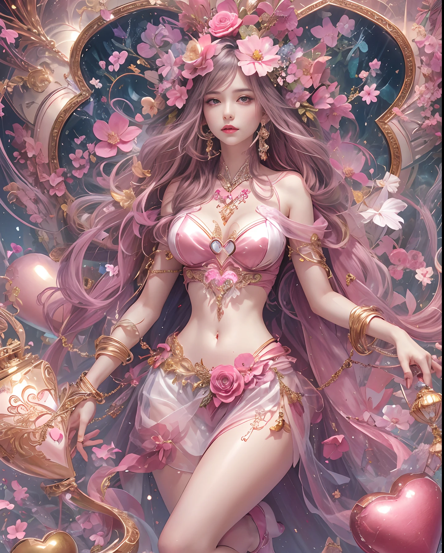 (masutepiece, of the highest quality, Best Quality, Official art, Beautiful and aesthetic:1.2), (1 Fantasy Girl), Extremely detailed, Glamorous Jewelry, long shapeless hair, (Fractal Art:1.3),Colorful,Highest detail.Express in the form of a heart、Ornaments in the form of hearts、Use a lot of heart shapes、Use a lot of heart shapes in the background、Use a lot of pink、Use a lot of flowers、Angle from above the knee、Breasts are small and B size、A slender、Cleavage is visible。Paws are thin and beautiful,the skin is white and transparent,high-heels、Gold Anklet、Inlaid with heart-shaped jewelry、Heart-shaped bokeh、Shortcut Girl