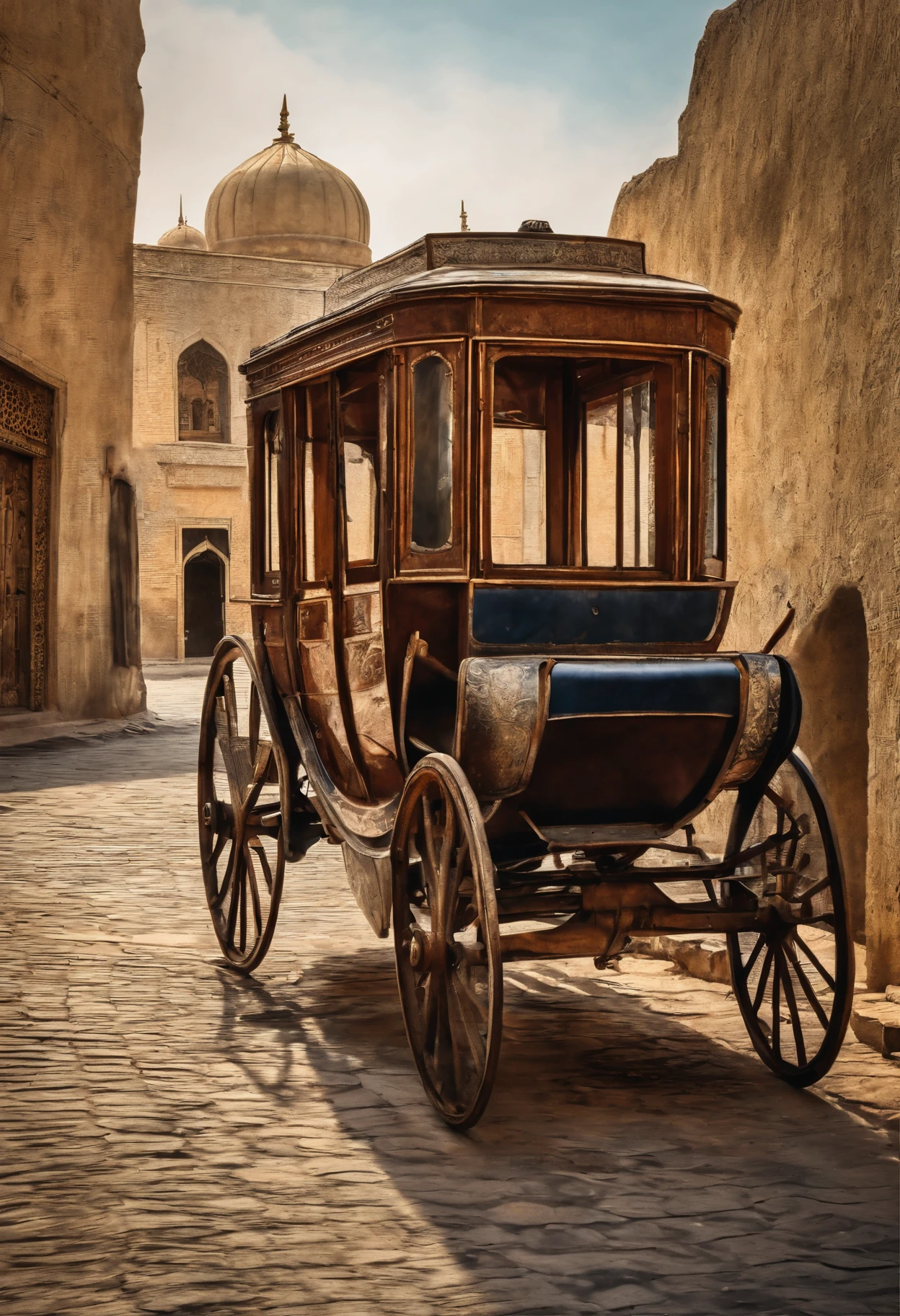 A detailed view of an old carriage abandoned in modern streets of Mashhad in impressionist watercolor and ink style