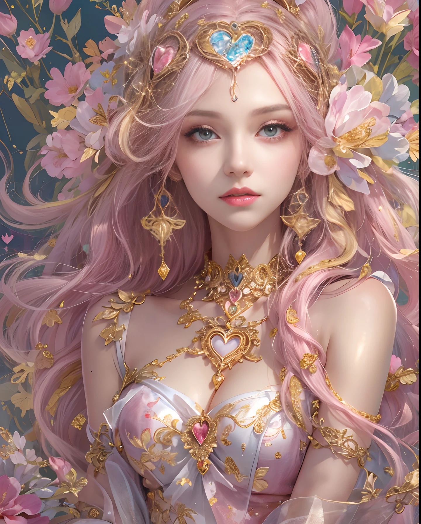 (masutepiece, of the highest quality, Best Quality, Official art, Beautiful and aesthetic:1.2), (1 Fantasy Girl), Extremely detailed, Glamorous Jewelry, long shapeless hair, (Fractal Art:1.3),Colorful,Highest detail.Express in the form of a heart、Ornaments in the form of hearts、Use a lot of heart shapes、Use a lot of heart shapes in the background、Use a lot of pink、Use a lot of flowers、Angle from above the knee、Breasts are small and B size、A slender、Cleavage is visible。Paws are thin and beautiful,the skin is white and transparent,high-heels、Gold Anklet、Inlaid with heart-shaped jewelry、Heart-shaped bokeh、Shortcut Girl