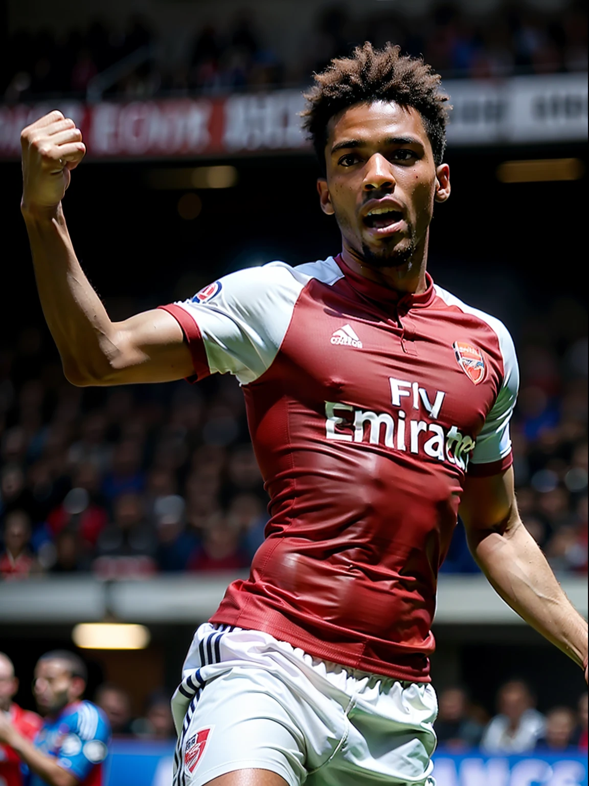 Homem negro Soccer Player in Arsenal, Celebrating the goal