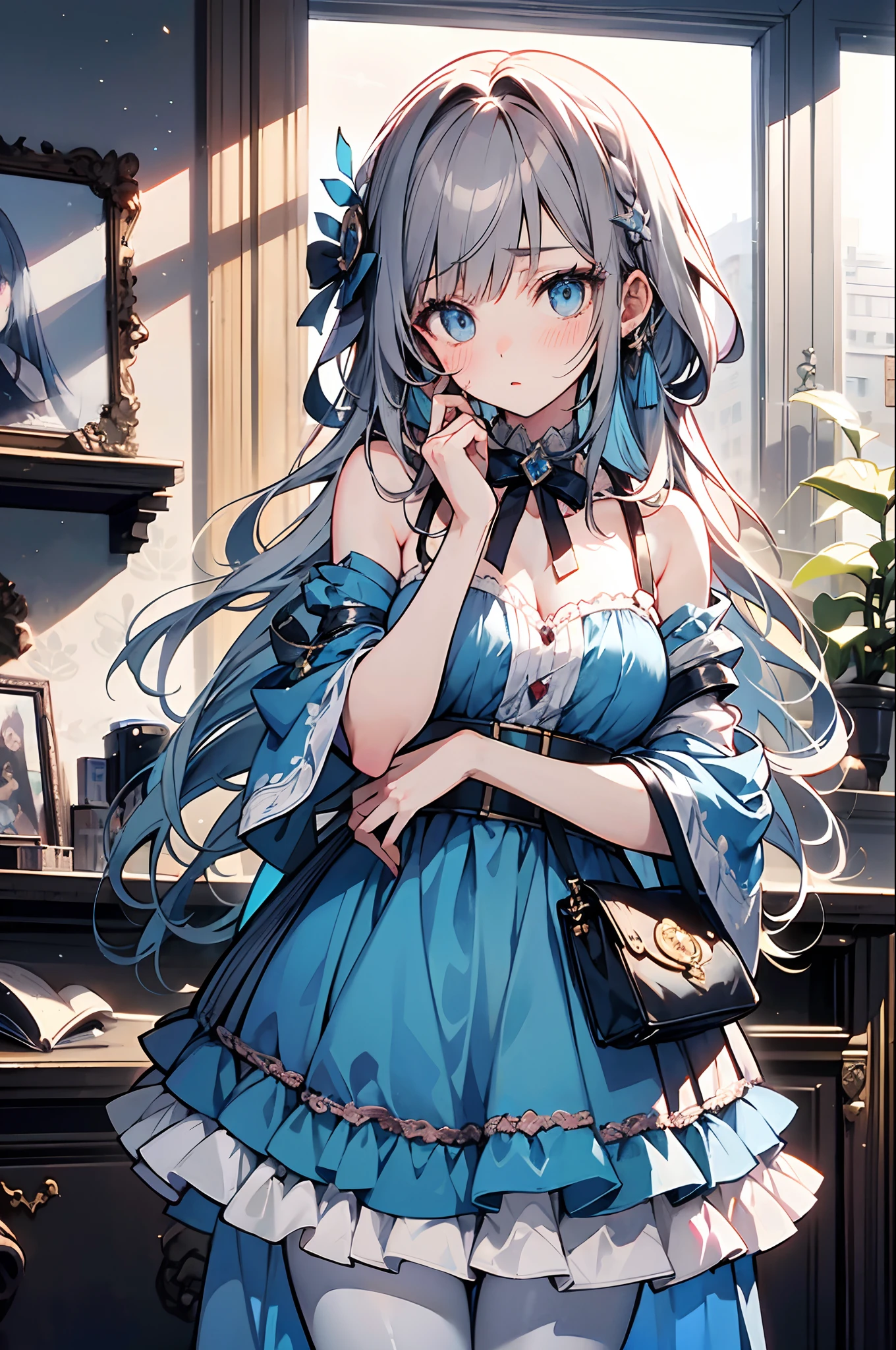 HDR,UHD,8K, best quality, masterpiece, Highly detailed, Studio lighting, physically-based rendering, 1girl, solo, blush, alice in wonderland, blue dress, white pantyhose