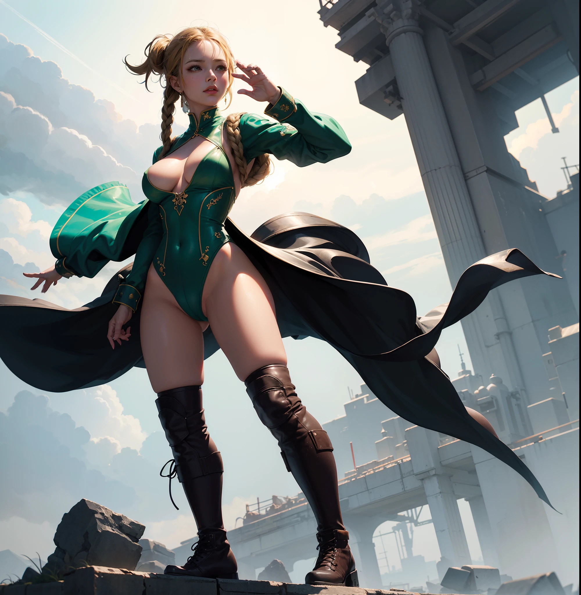 Un primer plano de una mujer con un traje verde con una pistola, Cammy, Artgerm extremadamente detallado, Estilo Artgerm, El estilo de WLOP, WLOP y Artgerm, wlop piel brillante, Estilo de Artgerm, Obras de arte al estilo de Guweiz, Arte WLOP, Modelo IG | Artgerm, hyper detailed, porcelain skin, hyper sexual, full cameltoe defined, erect nipples defined, red combat boots, revealing a little nipples, perfect defined cameltoe, hyper wet clothes, feet standing on a concrete flor --auto