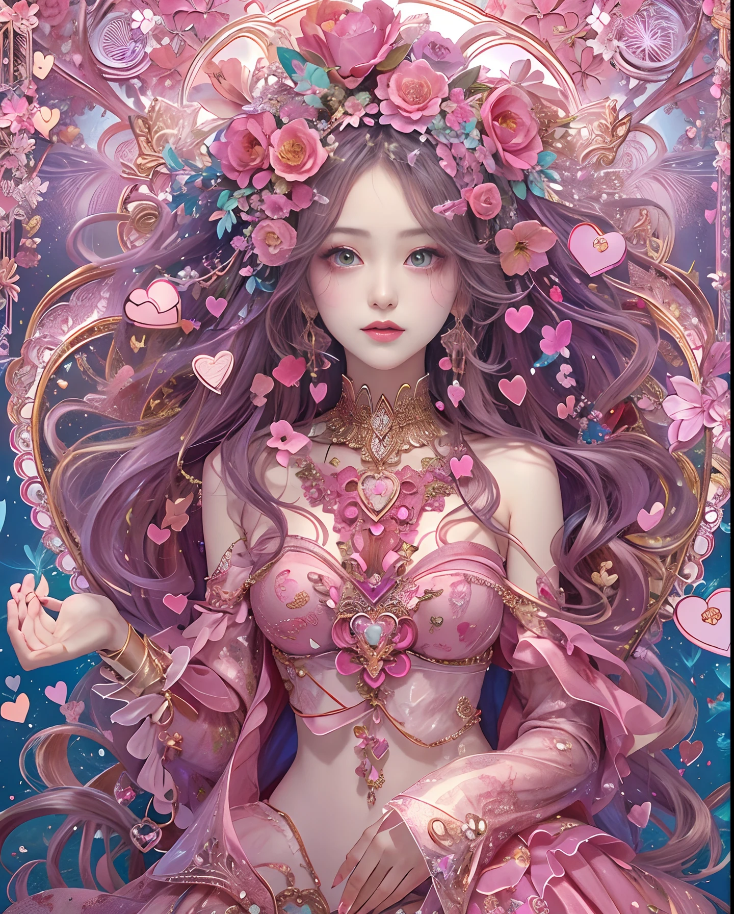 (masutepiece, of the highest quality, Best Quality, Official art, Beautiful and aesthetic:1.2), (1 Fantasy Girl), Extremely detailed, Glamorous Jewelry, long shapeless hair, (Fractal Art:1.3),Colorful,Highest detail.Express in the form of a heart、Ornaments in the form of hearts、Use a lot of heart shapes、Use a lot of heart shapes in the background、Use a lot of pink、Use a lot of flowers、Encrusted with heart-shaped jewelry、Bokeh in the shape of a heart、
