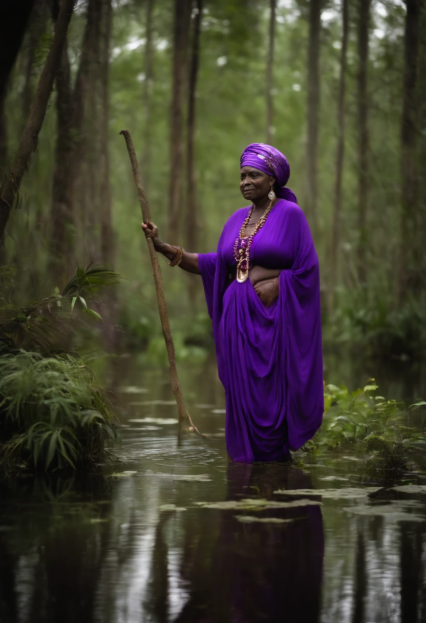 Grandma, deusa africana, senhora, idosa. in flowing purple robes. de turbante roxo. Whole body standing. in the background in the middle of a swamp in nature. estilo mito. mistic. poder e magia. uma velha senhora