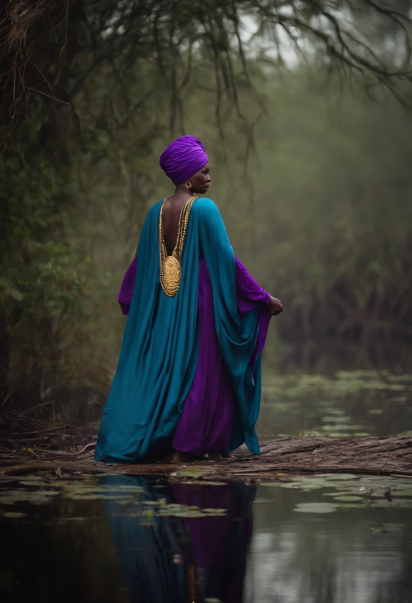Grandma, deusa africana, senhora, idosa. in flowing purple robes. de turbante roxo. Whole body standing. in the background in the middle of a swamp in nature. estilo mito. mistic. poder e magia. uma velha senhora