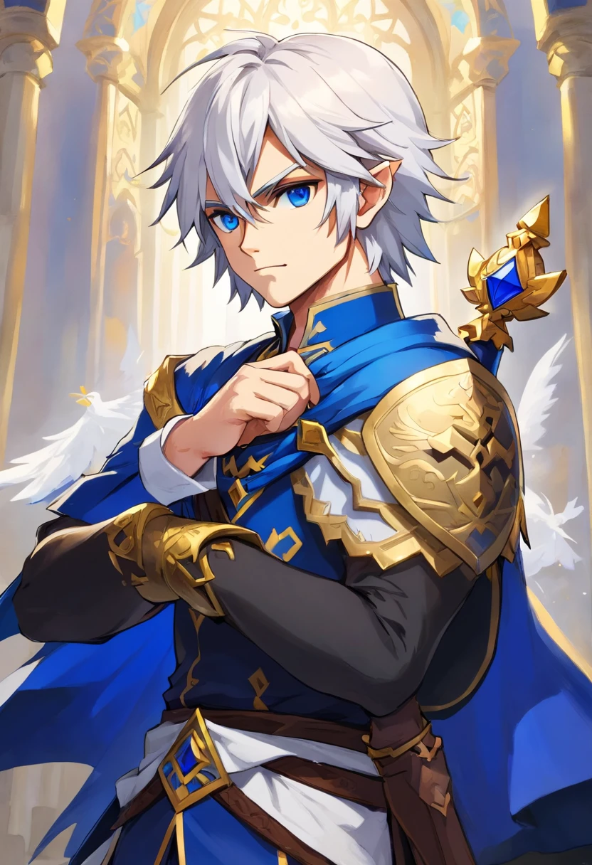 Story of a adult man with short white hair and blue eyes