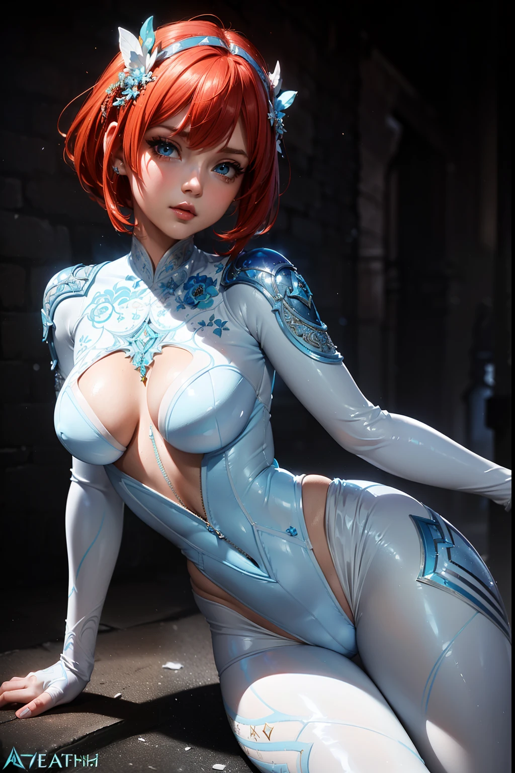 (masterpiece), best quality, redhead, (((wearing detailed white and light blue body suit, aethereal fantasy aesthetic style))) detailed perfect skin, intricate perfect beauty face, detailed sharp eyes, detailed eyes and pupils, detailed hair, (((from face to the waist))), (((beauty slim shape))), 4k, UHD