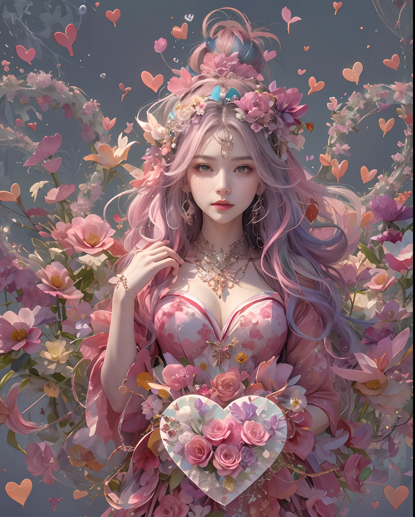 (masutepiece, of the highest quality, Best Quality, Official art, Beautiful and aesthetic:1.2), (1 Fantasy Girl), Extremely detailed, Glamorous Jewelry, long shapeless hair, (Fractal Art:1.3),Colorful,Highest detail.Express in the form of a heart、Ornaments in the form of hearts、Use a lot of heart shapes、Use a lot of heart shapes in the background、Use a lot of pink、Use a lot of flowers、Encrusted with heart-shaped jewelry、Bokeh in the shape of a heart、