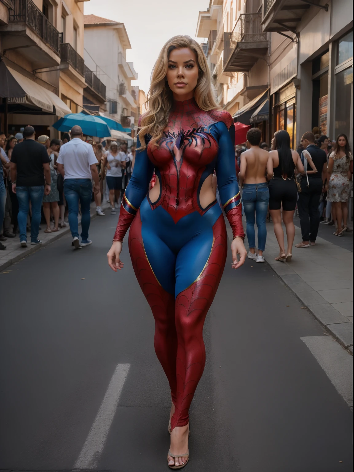 plus size, blonde hair, Cabelo loiro Milf plus size, corpo plus size, legs visible, Usando uma fantasia sexy do homem Aranha nas cores azul e vermelho, standing on her feet, crowd on a street in the background, seios pequenos, bunda pequena, barriga saliente, roupa semitransparente, day lighting, (vestindo spiderwoman_cosplay sexy_fantasia Homem-Aranha:1.1), pele branca fina, (cinematic lighthing), solar lighting effect.