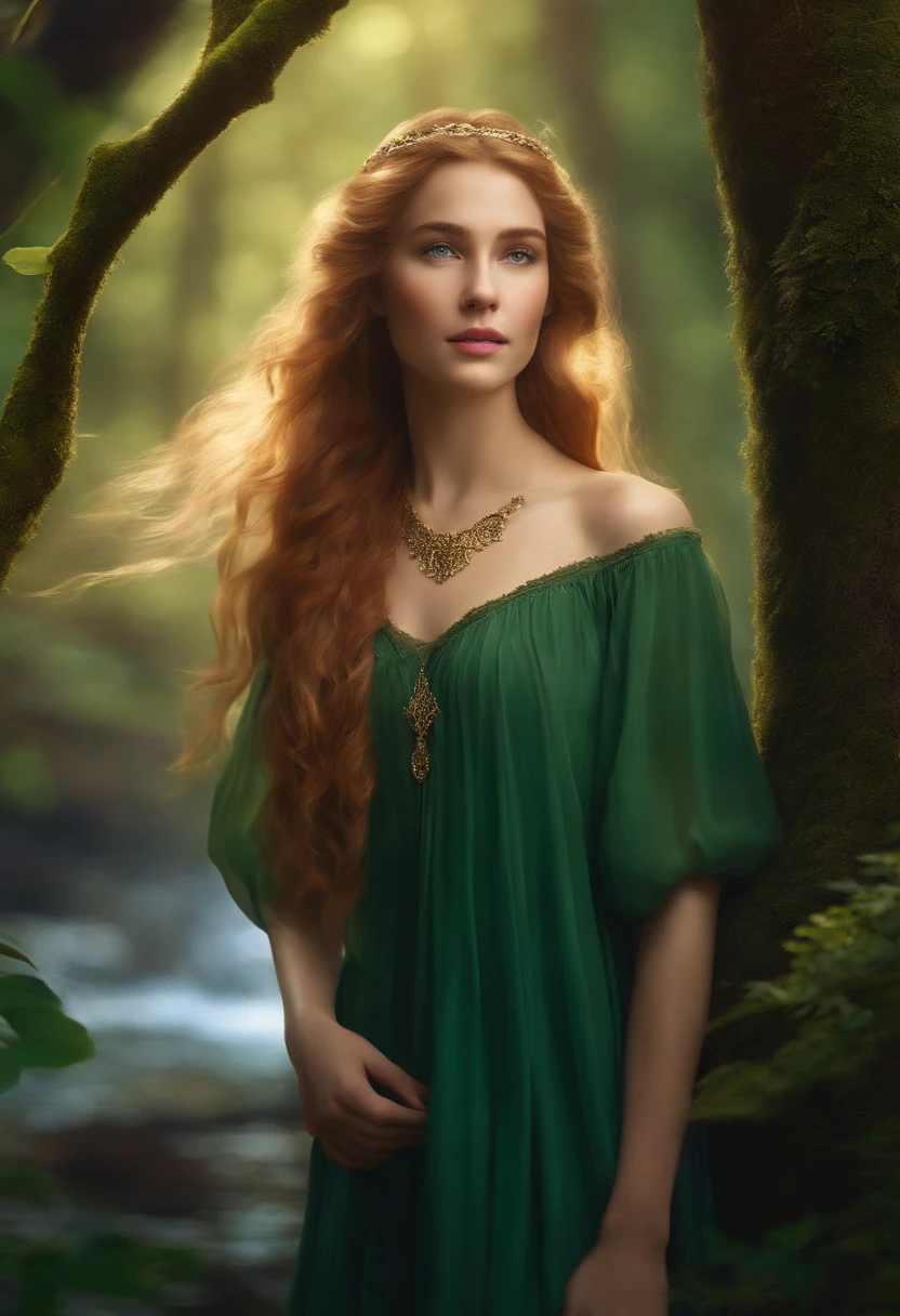 A age half-elf girl in a mystical forest, standing near a vibrant water stream, wearing a flowing green dress. She has long, flowing, golden hair and piercing, bright blue eyes. Her face is beautifully detailed, with plump, rosy lips. The forest around her is lush and filled with tall oak trees, colorful flowers, and moss-covered rocks. Sunlight filters through the leaves, casting a soft, ethereal glow that illuminates the girl's face. Her expression is serene and filled with wonder as she gazes into the distance. The scene is created in a medium of realistic digital painting, ensuring the best quality image with ultra-detailed features. The colors are vivid and vibrant, showcasing the beauty of the forest and the girl's presence. The lighting is soft and warm, accentuating the magical atmosphere. [elf ears] [dainty fingers] [nature-inspired accessories] [mysterious aura] [graceful posture] [innocent expression] [playful sun rays] [mystical surrounding] [dream-like ambiance] [fairy-like features] [ethereal beauty] [whisper of a breeze].
