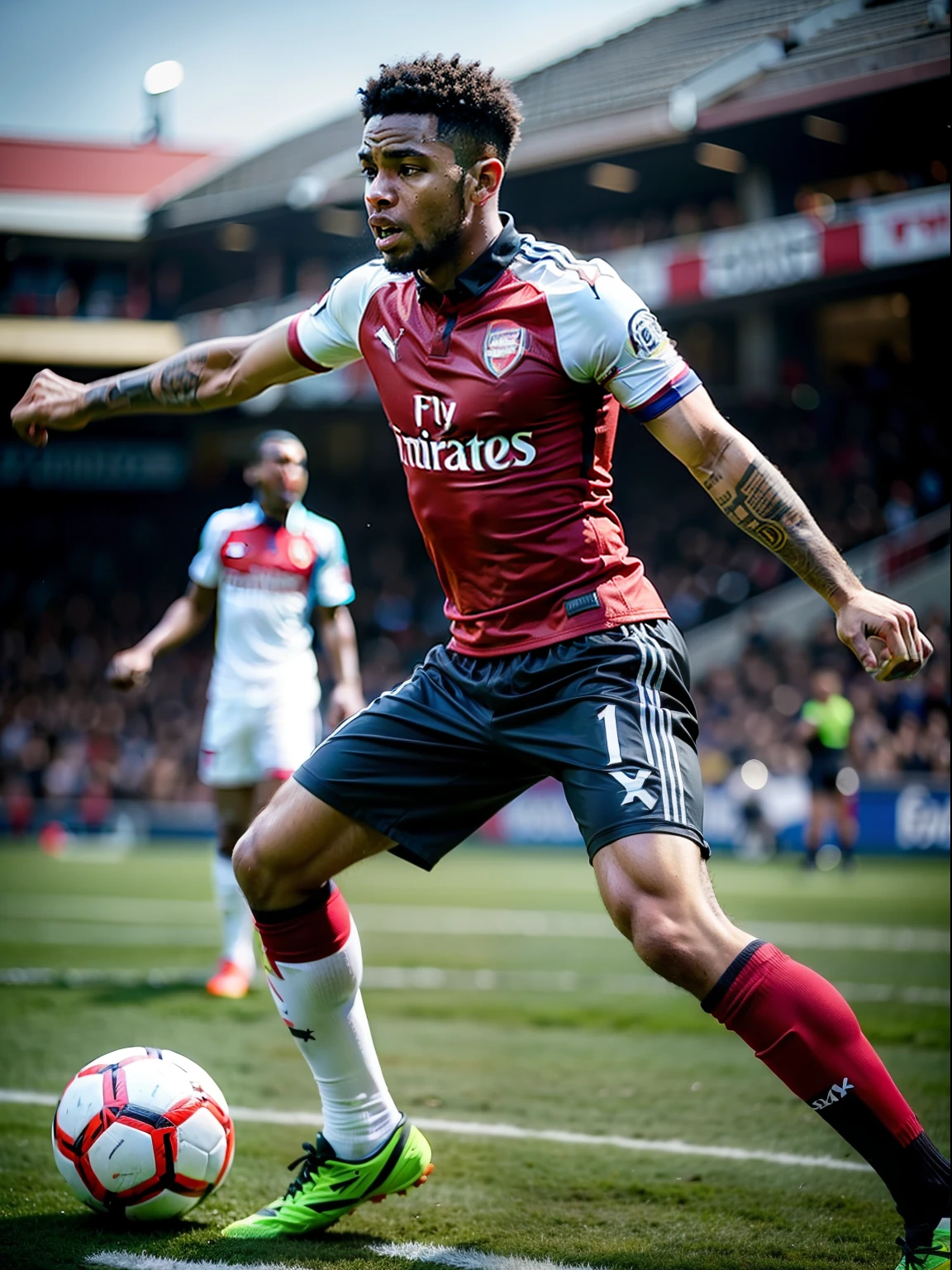 Homem negro Soccer Player in Arsenal, Driving the ball on the field