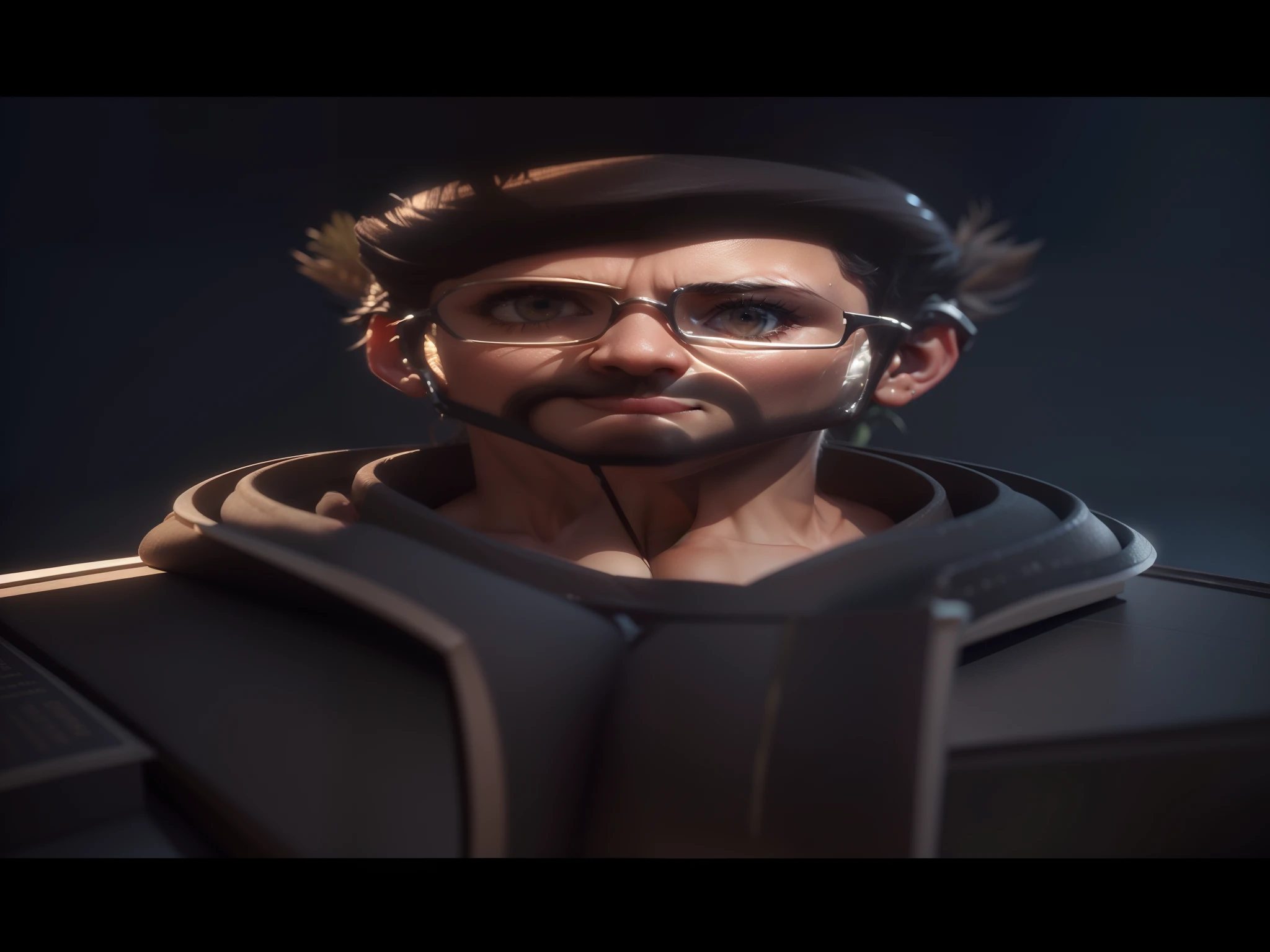 Um rapaz de 25 anos com cabelos castanhos, olhos azuis. looking-into-camera, 8k, friendly 3D animated style, Bookcase and a plant in the background warm cinematic lighting
