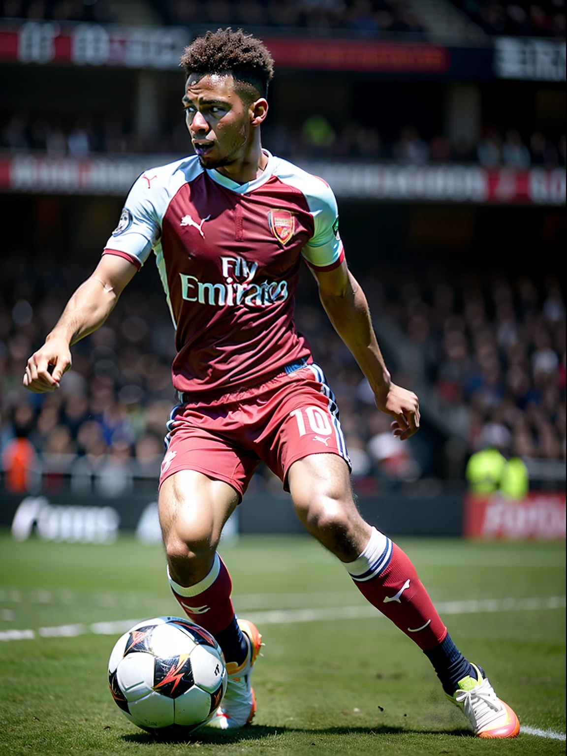 Homem negro Soccer Player in Arsenal, Driving the ball on the field