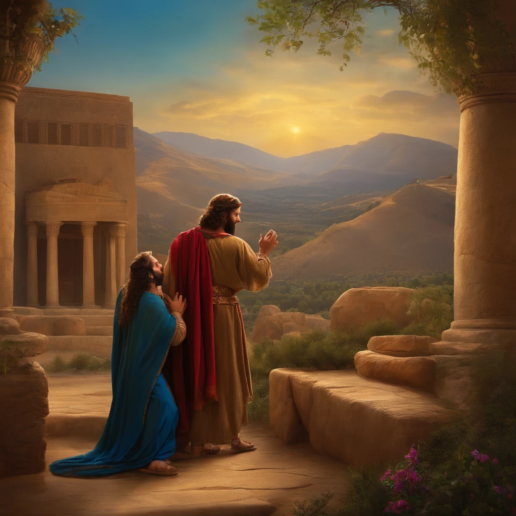 Create the biblical setting of the story KING DAVID EMBRACING A FRIEND