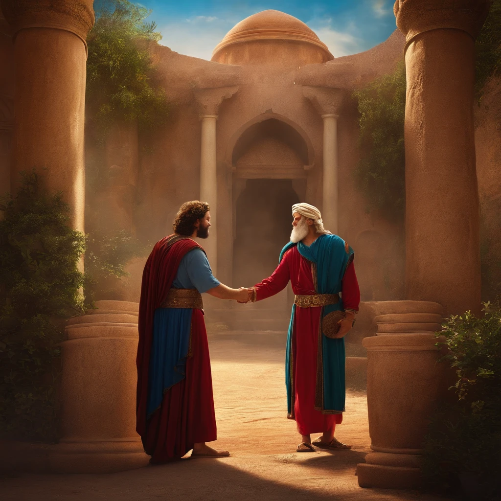 Create the biblical setting of the story KING DAVID EMBRACING A FRIEND