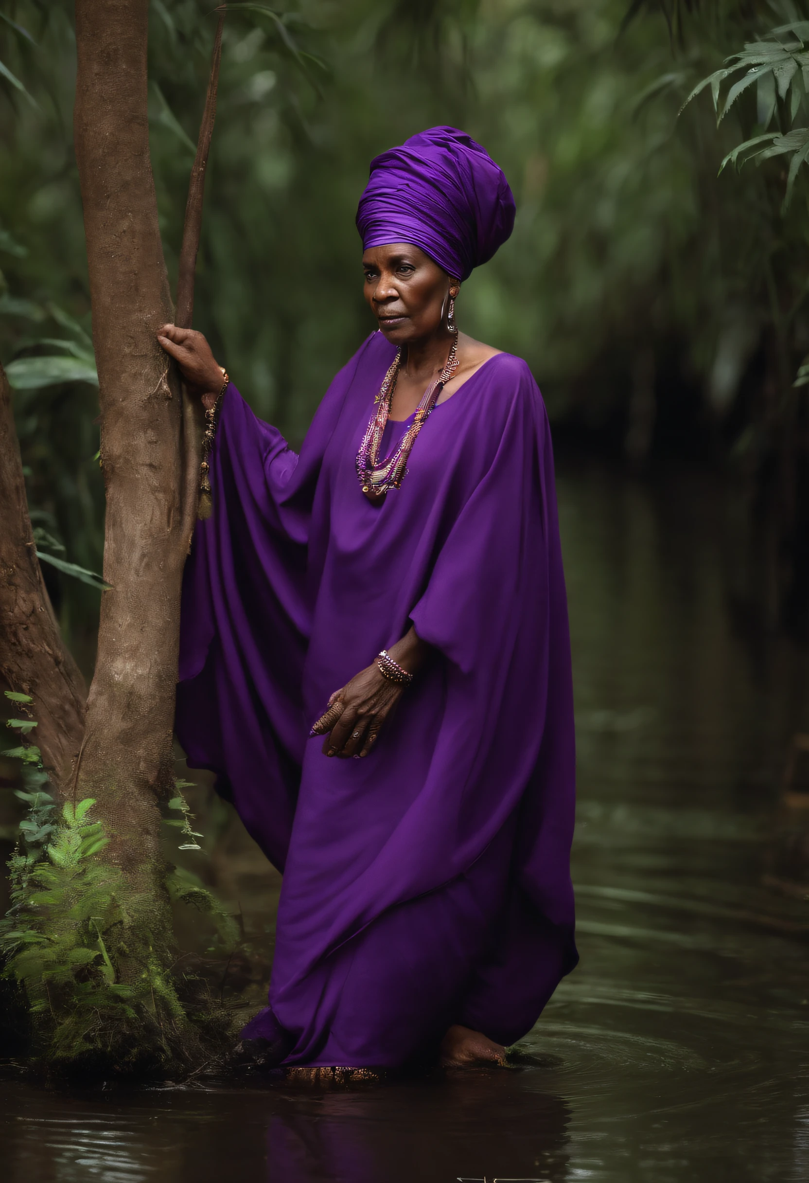 Grandma, deusa africana, senhora, idosa. in flowing purple robes. de turbante roxo. Whole body standing. in the background in the middle of a swamp in nature. estilo mito. mistic. poder e magia. uma velha senhora