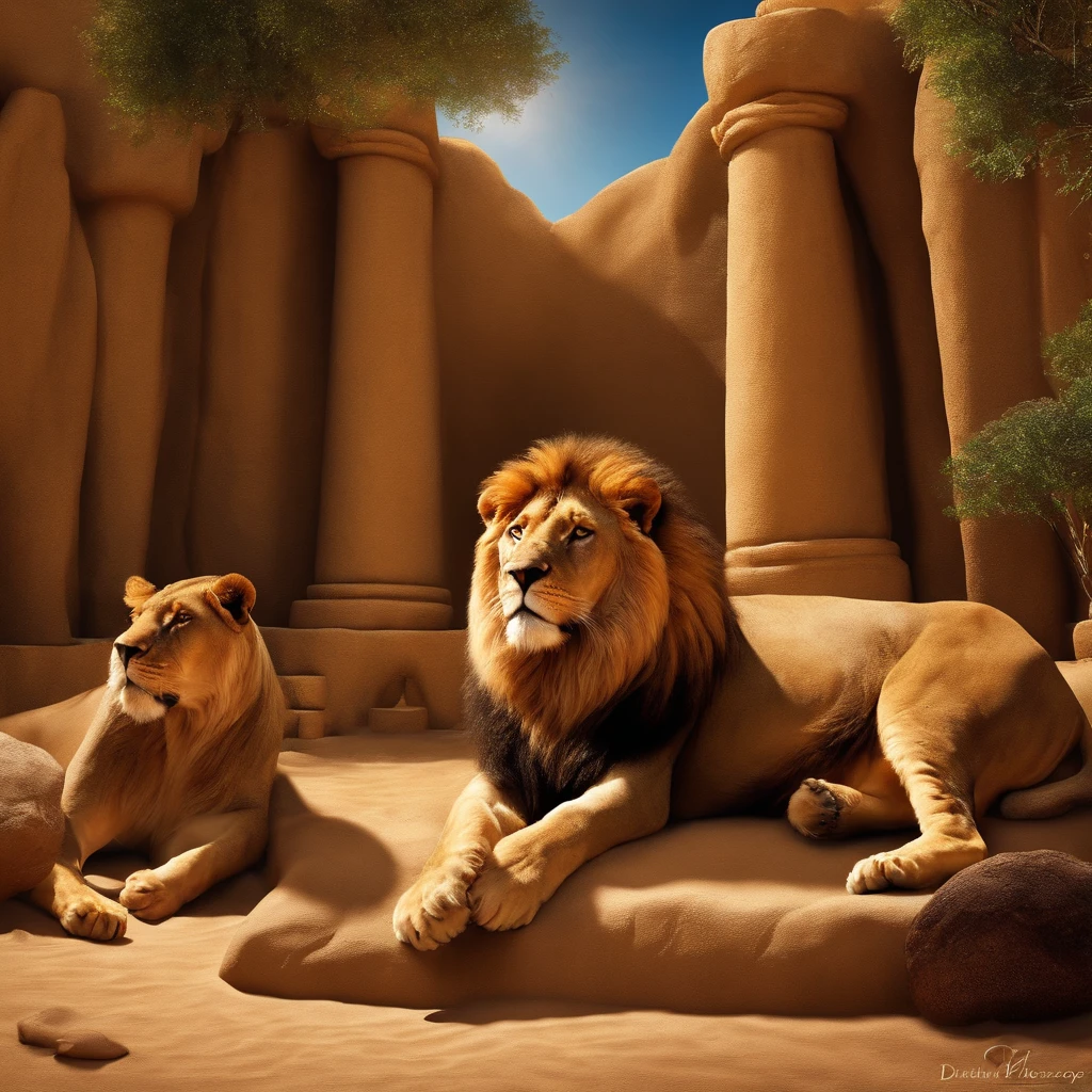 create the biblical setting of the story of Daniel in the den and the lions around it