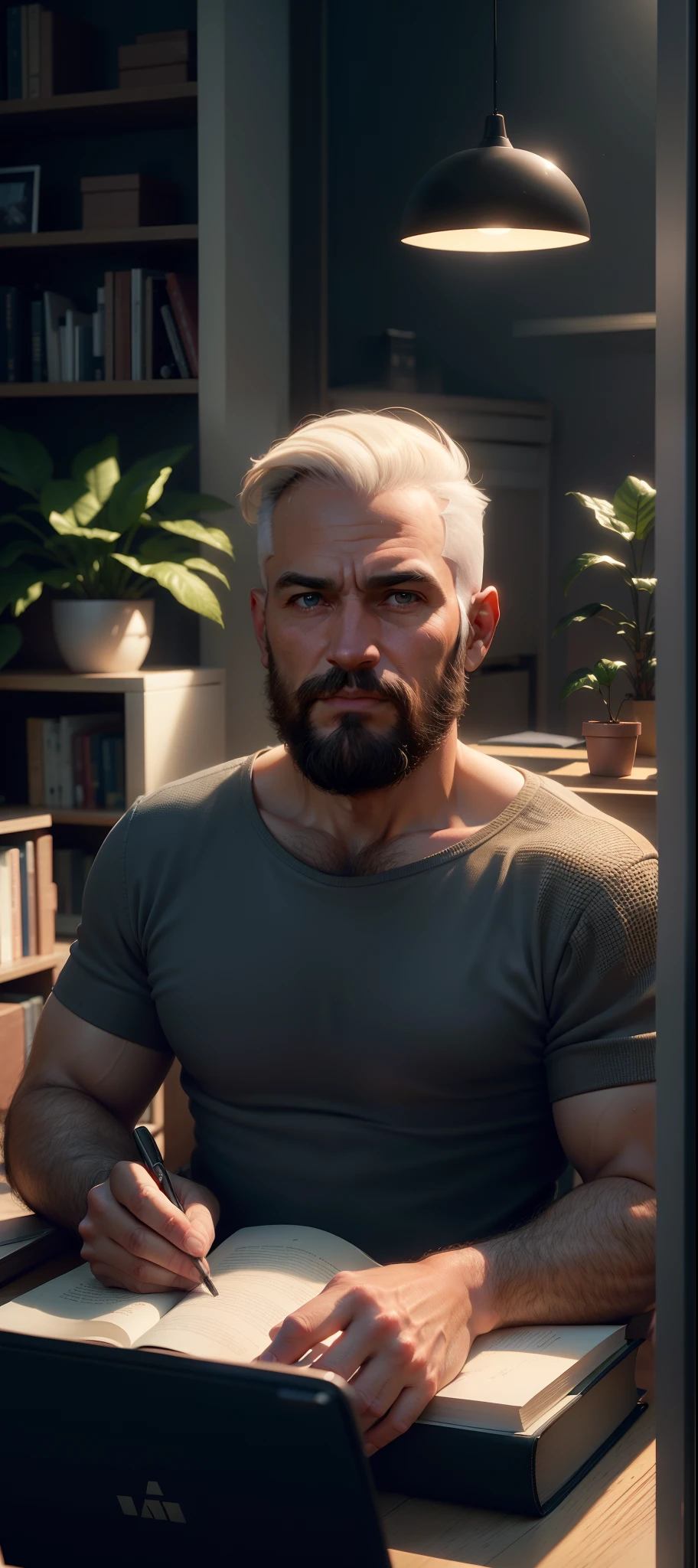 Um rapaz de 25 anos com cabelos castanhos, olhos azuis e barba curta. sitting at a desk looking at the camera, 8k, friendly 3D animated style, Bookcase and a plant in the background warm cinematic lighting