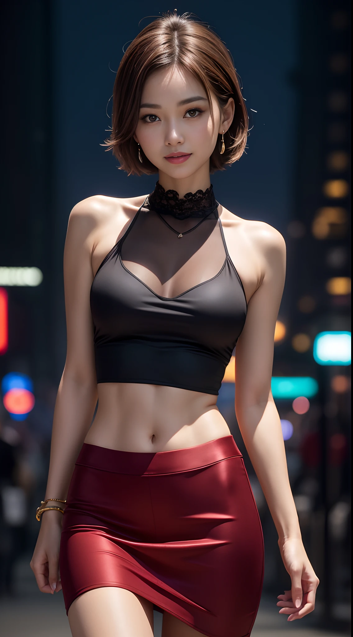 8k, masterpiece, RAW photo, best quality, photorealistic, extremely detailed CG unity 8k wallpaper, Depth of field, Cinematic Light, Lens Flare, Ray tracing, (extremely beautiful face, beautiful lips, beautiful eyes), intricate detail face, ((ultra detailed skin)) 1girl, in the dark, deep shadow, pretty korean girl, kpop idol, 1 girl, (very slim slender fit-muscled body:1.3), ((looking at viewer)),(big smile:1.3), ((tight laced blouse)), ((hot pink color blouse)), (sleeveless) , (fashion city night, dark night, (neon sign), (blurred background), fashion street night),(without people in the background:1.3), beautiful earrings, bracelets, necklace, pantyhose, clear eyes, (pale skin), (big eyes), face forward, ((upper body shot)), ((silk hot pink color pants:1.3)),(brown hairs),((tight fitting silk pants)), (looking at viewer:1.3) open breast, very slim, medium breasts, see through, transparent pants, pony tail, updo hair, ((camel toe))