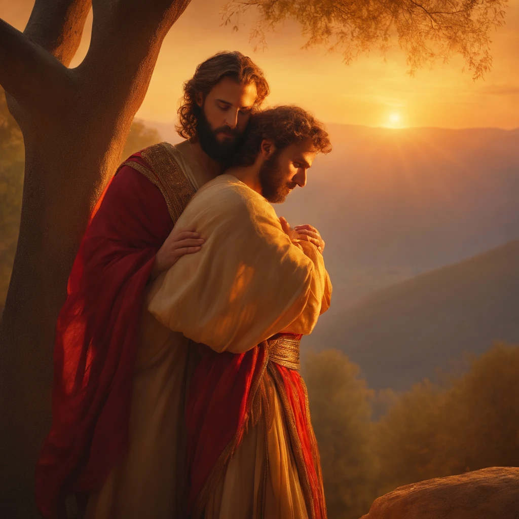(best quality,highres:1.2), portraiture, biblical scene, King David embracing a friend, vivid colors, golden sunlight, flowing robes, serene expressions, sacred atmosphere, ethereal beauty