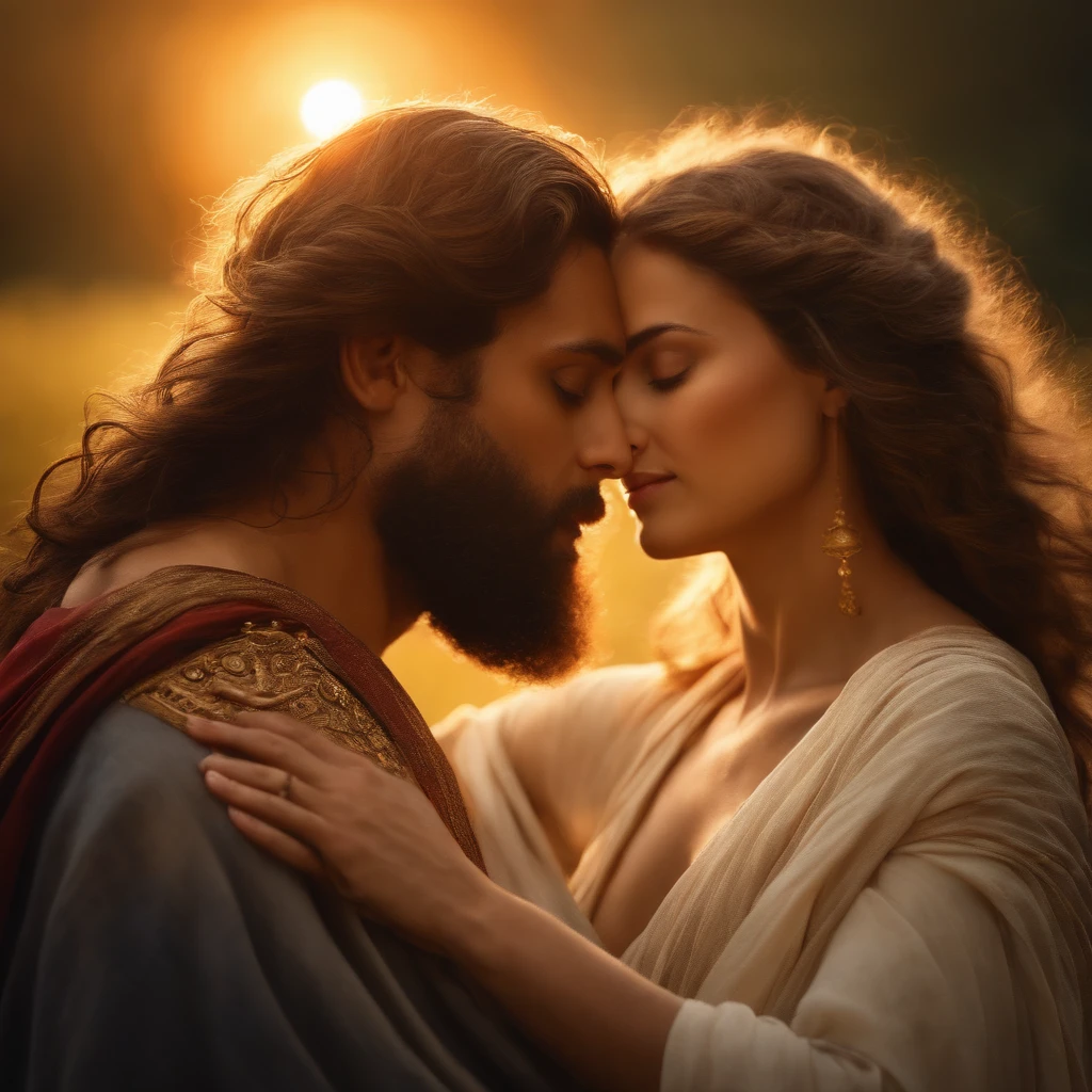 (best quality,highres:1.2), portraiture, biblical scene, King David embracing a friend, vivid colors, golden sunlight, flowing robes, serene expressions, sacred atmosphere, ethereal beauty