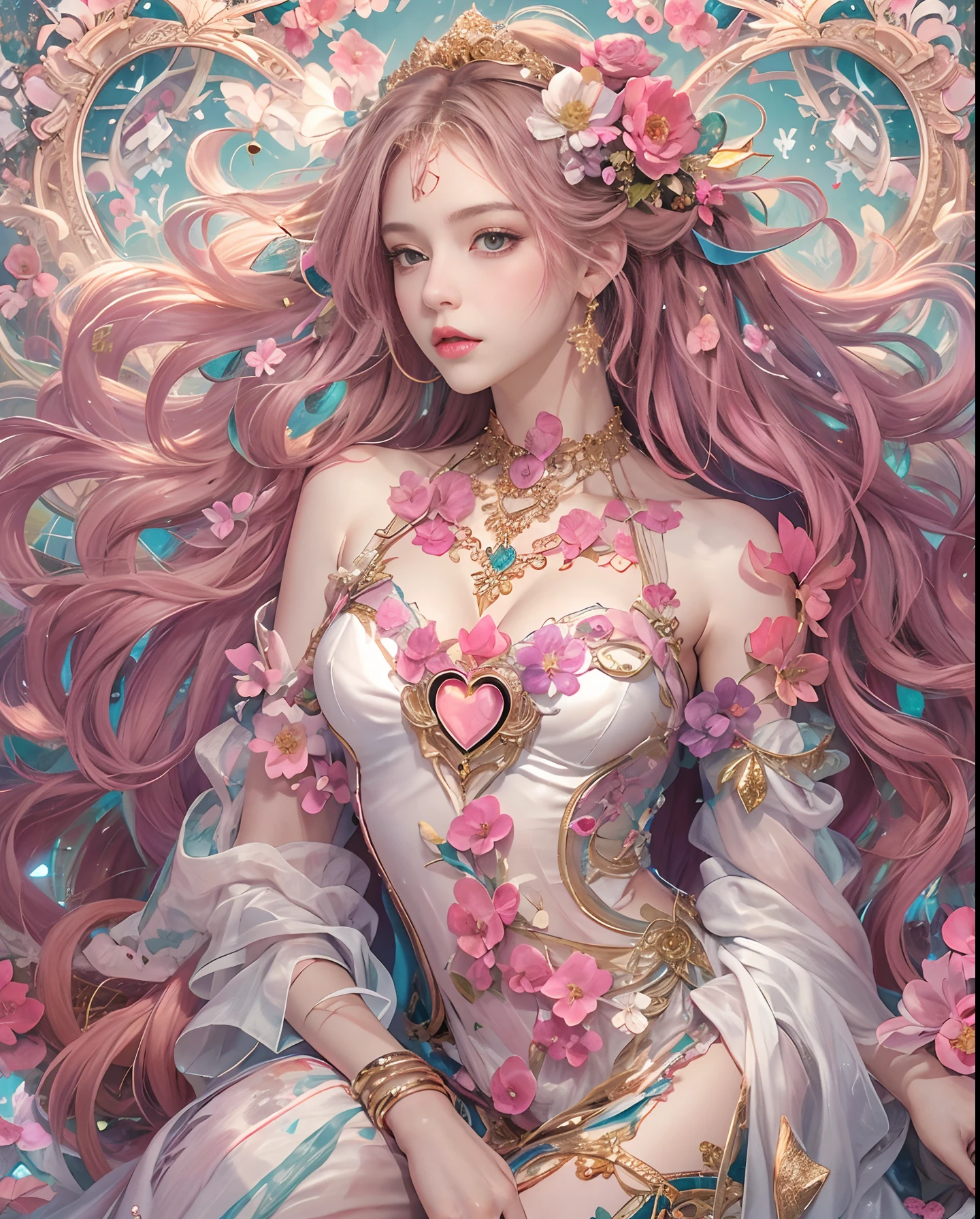 (masutepiece, of the highest quality, Best Quality, Official art, Beautiful and aesthetic:1.2), (1 Fantasy Girl), Extremely detailed, Glamorous Jewelry, long shapeless hair, (Fractal Art:1.3),Colorful,Highest detail.Express in the form of a heart、Ornaments in the form of hearts、Use a lot of heart shapes、Use a lot of heart shapes in the background、Use a lot of pink、Use a lot of flowers、Inlaid with heart-shaped jewelry、Heart-shaped bokeh、Angle from above the knee、Breasts are small and B size、A slender、Cleavage is visible。Paws are thin and beautiful,the skin is white and transparent,high-heels、Gold Anklet、