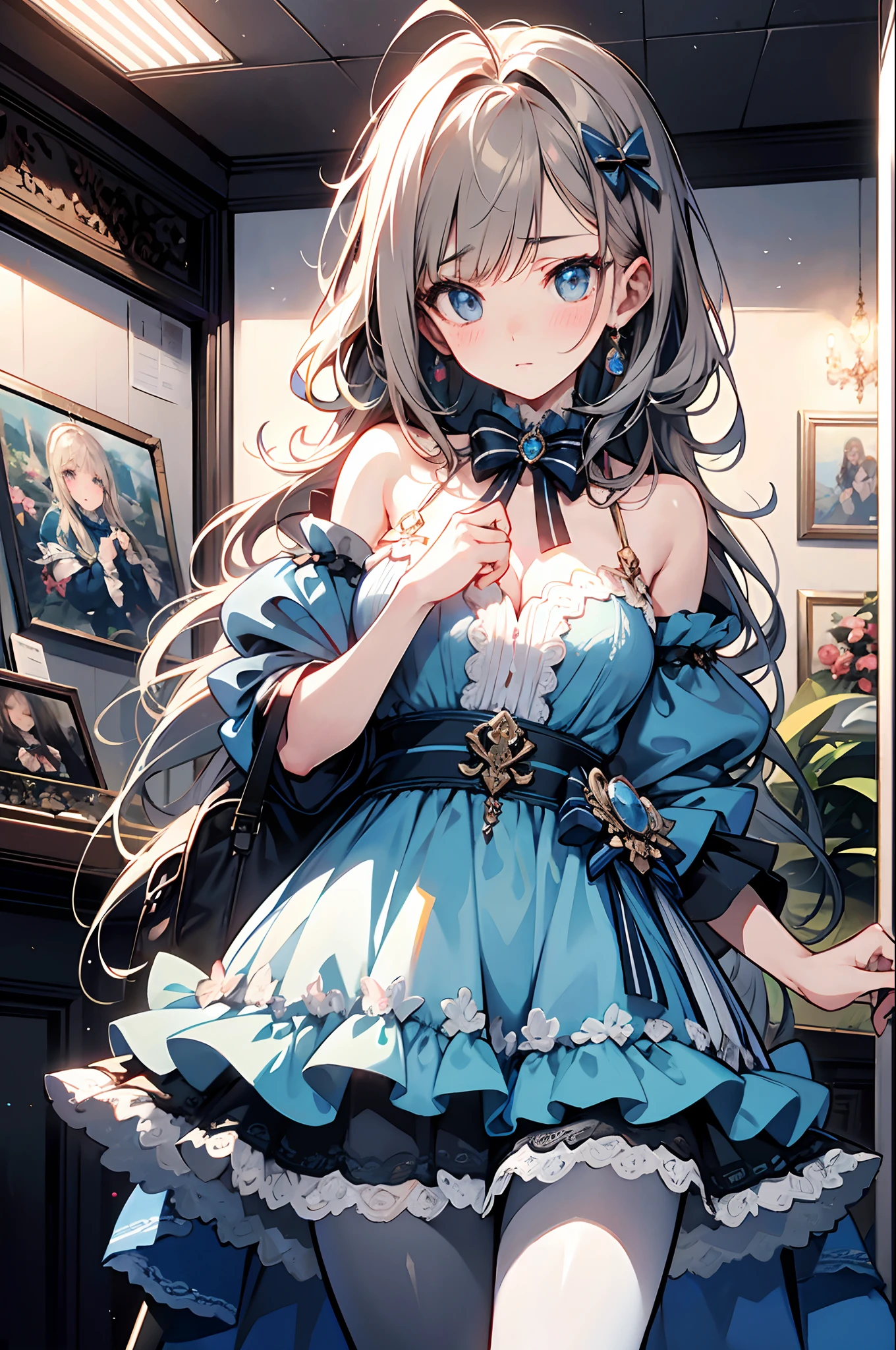 HDR,UHD,8K, best quality, masterpiece, Highly detailed, Studio lighting, physically-based rendering, 1girl, solo, blush, alice in wonderland, blue dress, white pantyhose