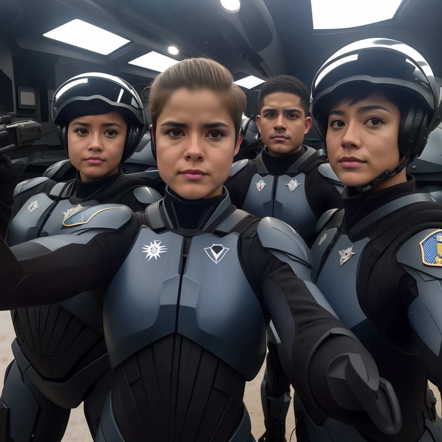 Soldados da Infantaria Movel de StarshipTroopers tirando uma selfie dentro de uma trincheira sorrindo, todos em trajes militares pretos, com capacetes pretos, fotografia, cinemactic