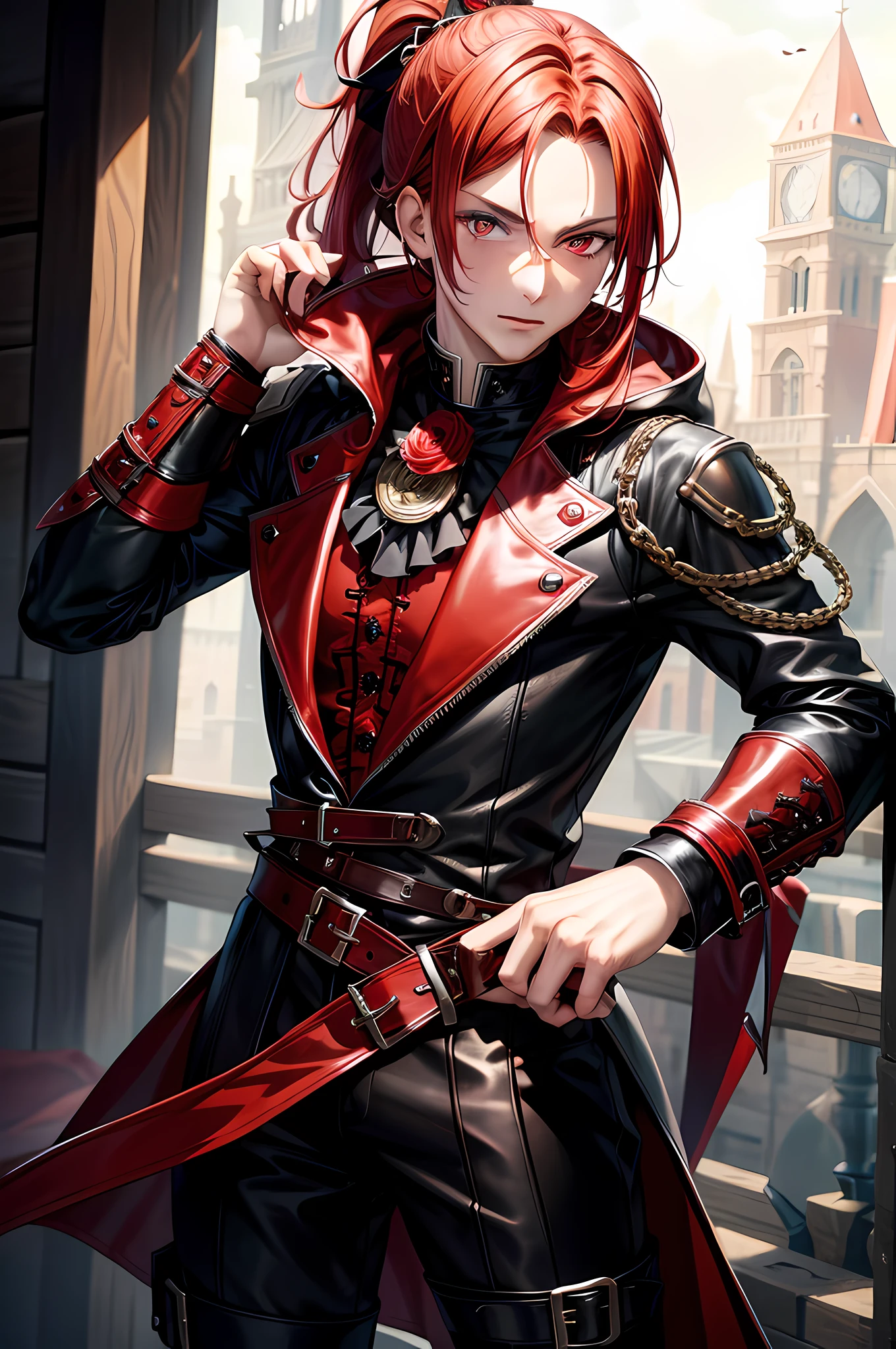 masterpiece, best quality, High resolution, ultra-detailed, illustration, 1boy, red vampire eyes, red hair with ponytail, wearing red hooded medieval steampunk gothic tailcoat jacket, Victorian shirt, black tight gothic leggings, black boots, (portrait:0.6), straight-looking at viewer:1.8