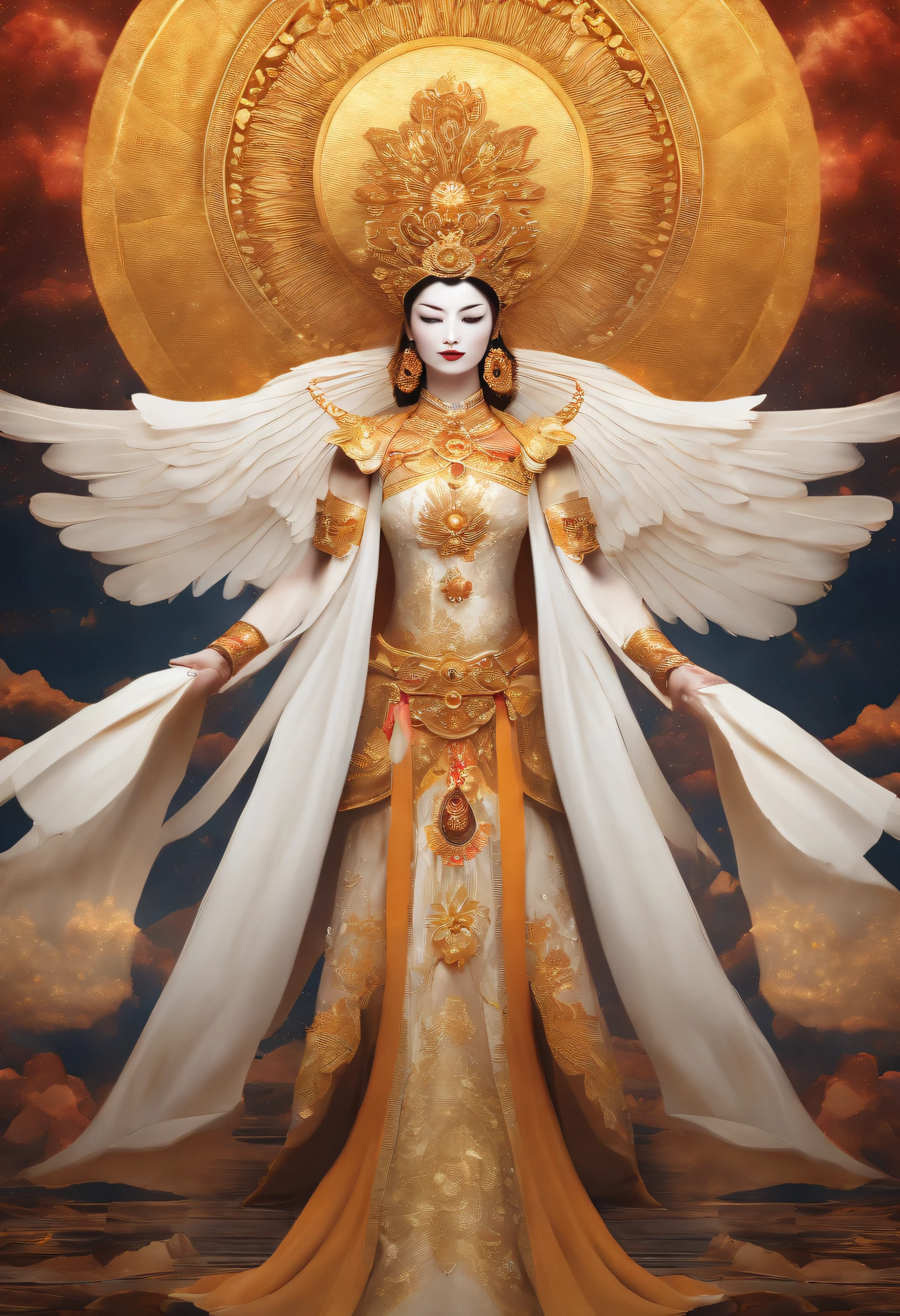 deusa japonesa, Amaterasu, deusa do sol, Queen and powerful force. Whole body standing. toda em dourado e luz solar por todo o fundo. imagem acolhedora e de grandiosidade. estilo mito. poder e magia. mistic.