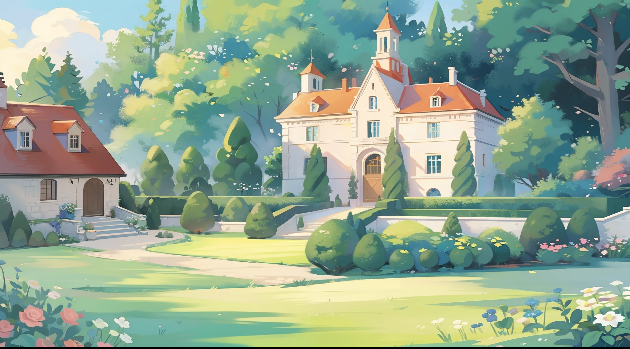 watercolor storybook illustration, hidden huge whimsical asymmetrical castle, warm colors, colorful flower garden, overgrown vines and plants, trees and bushes, chateau mansion, fairytale storybook style