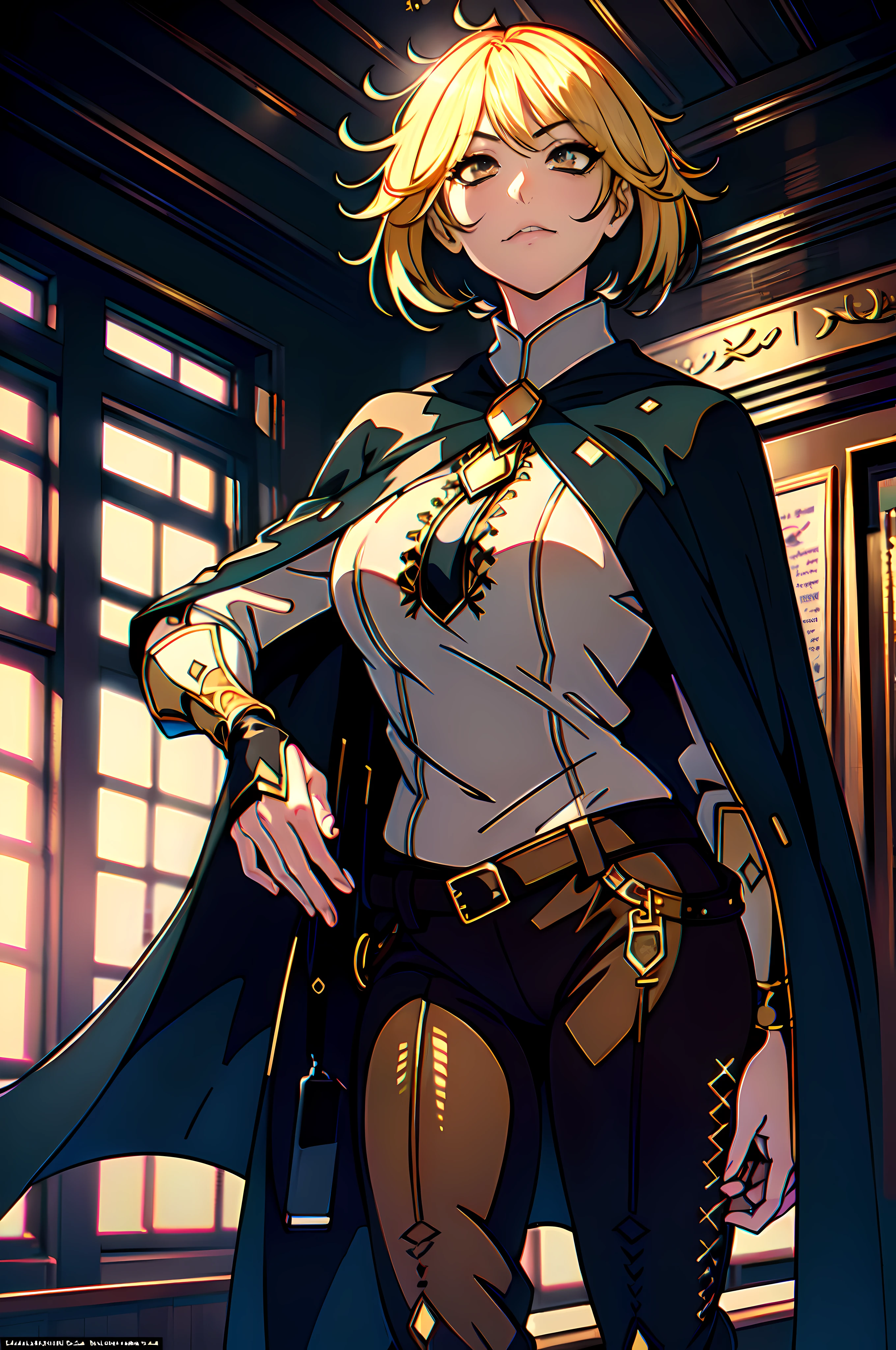 1_girl, ((Best quality)), ((masterpiece)), ((highly intricate details)), ((anime)), (anime:1.2), (perfect face:1.3), colorful, highest detailed, vibrant colors, high contrast, (8K UHD:1.2), (photorealistic:1.2),(masterpiece:1.4), (best quality:1.4),extremely detailed wallpaper, highly detailed illustrations, (super-complex details), 4K unified, (super-detailed CG: 1.2), (8K: 1.2), (original), (masterpiece), paled skin, yellow sanpaku eyes, black cloak, medium breasts, erotic, beatifull, very detailed fingers, very detailed hand, perfect_hands, well-detailed fingers, well-detailed hand, perfect, ((empty hands)), bags_under_eyes, blond hair, short hair, white shirt, brown pants, thigh boots, serious face, ((neia))