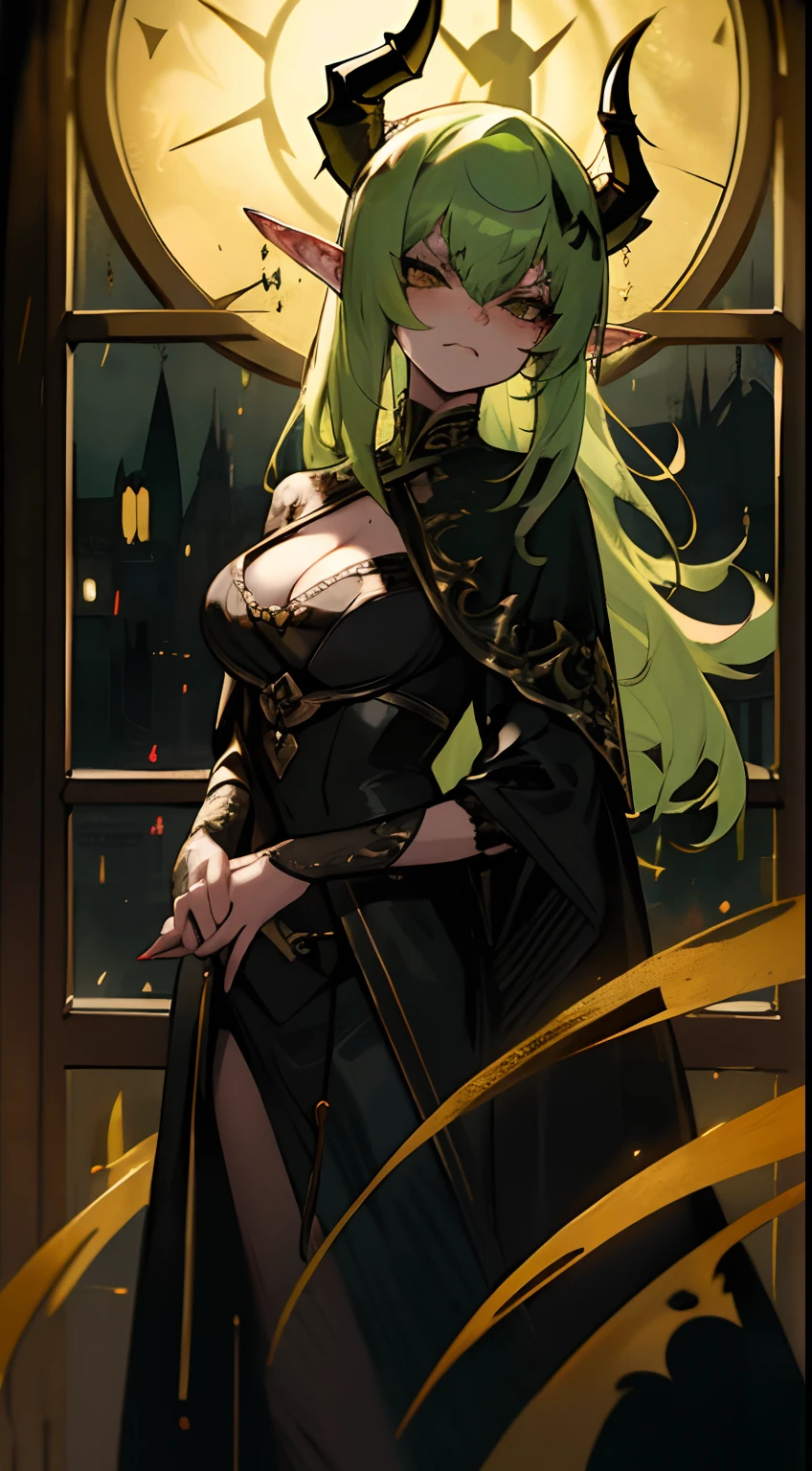 1woman,solo,serious face,magician golden and black outfit,cleavage, blind mask,light green hair, mature female,elves ears,demon horns,standing in the window,night