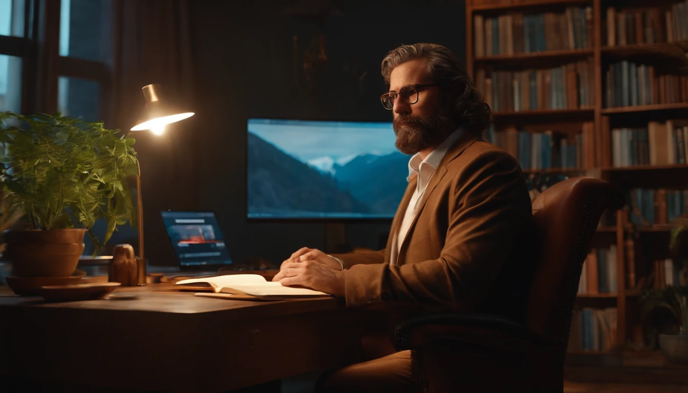 Um rapaz de 25 anos com cabelos castanhos, olhos azuis e barba curta. sitting at a desk looking at the camera, 8k, friendly 3D animated style, Bookcase and a plant in the background warm cinematic lighting