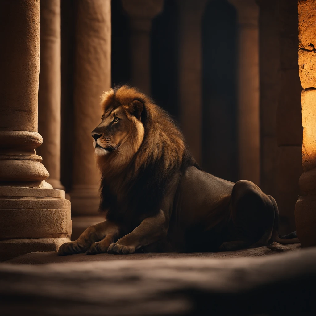 Daniel in the lions' den,illustration,blurred background,dark atmosphere,dramatic lighting,best quality,4k,ultra-detailed,
realistic:1.37,vivid colors,wild animals,courageous,faithful,hope,pray,fear,angel,beam of light,stone walls,ancient architecture,emotions,strength