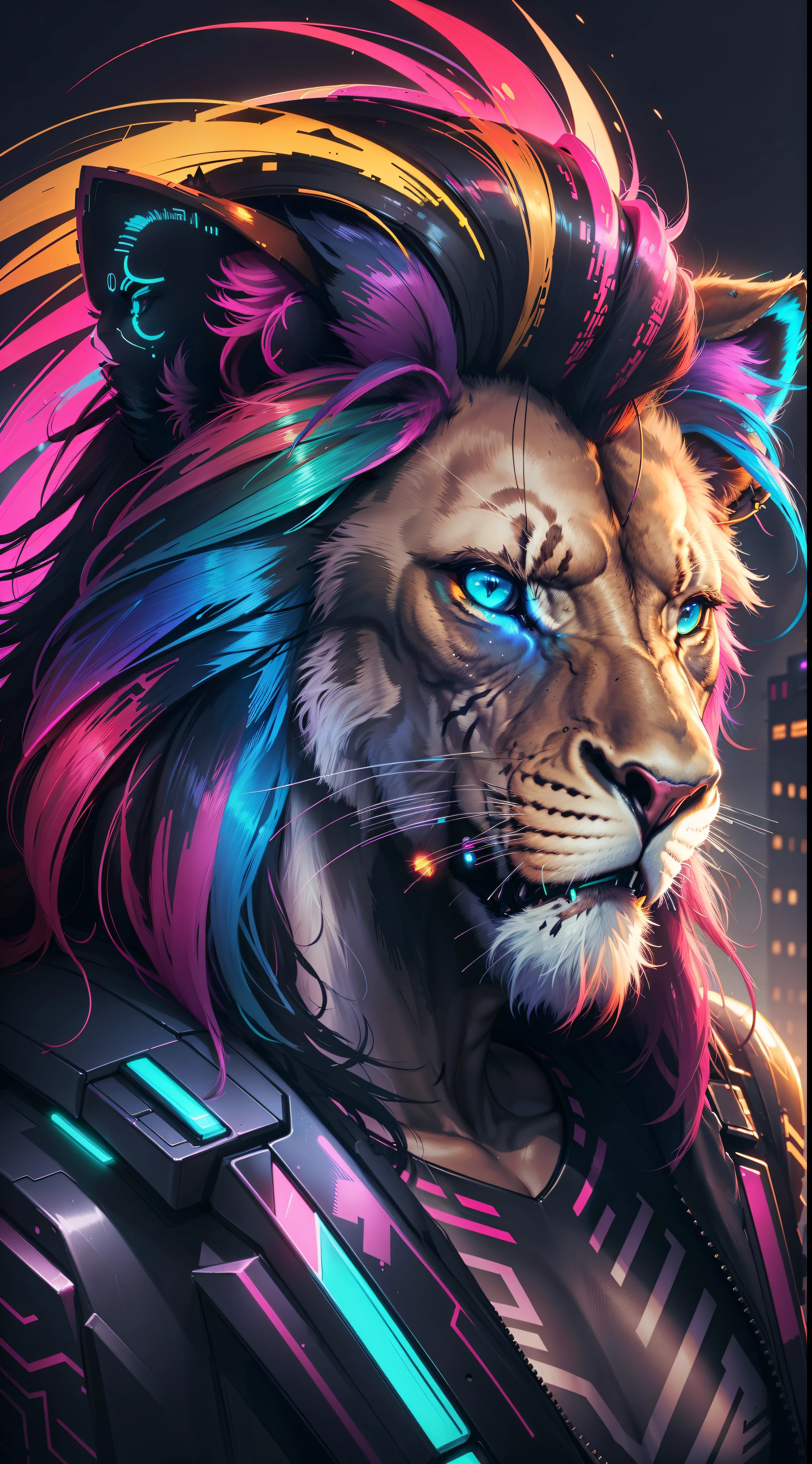 Head of 1 neon lion with colorful rainbow mane, cyberpunk neon