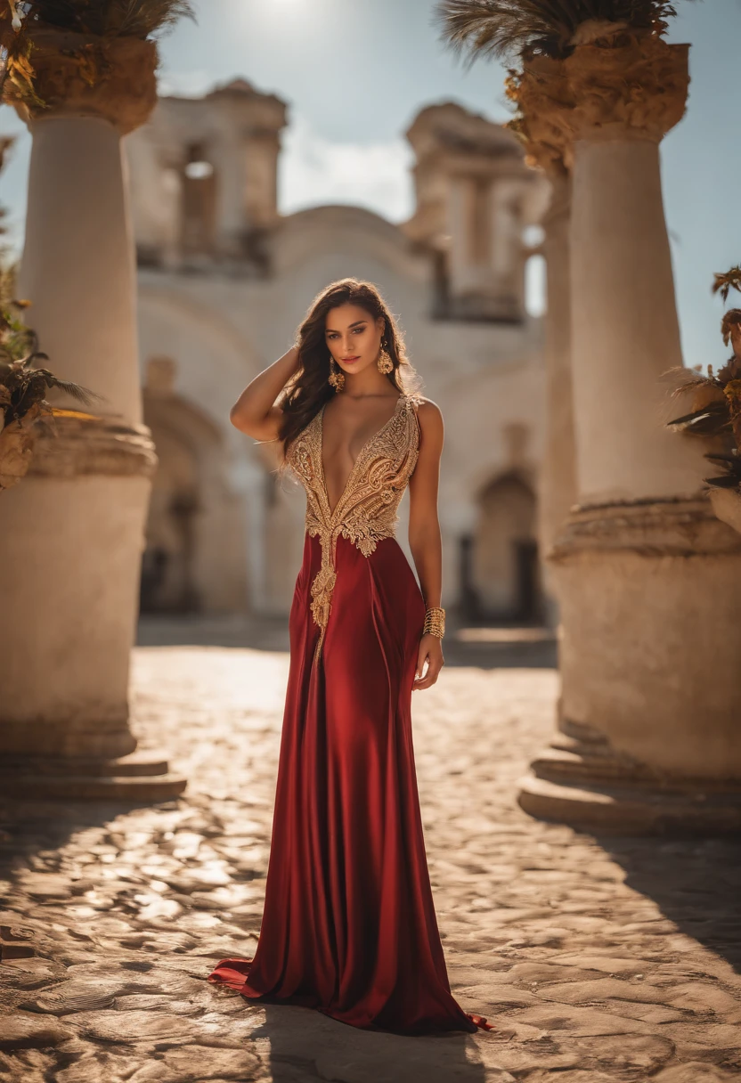 Deusa Athena, divindade grega, guerreira e casta. Vestes longas branca e dourada, cabelos loiros. standing full-body. ao fundo no monte olimpo, colunas gregas e arquitetura grega. poderosa. adornos dourados. estilo mito. poder e magia, mistic.