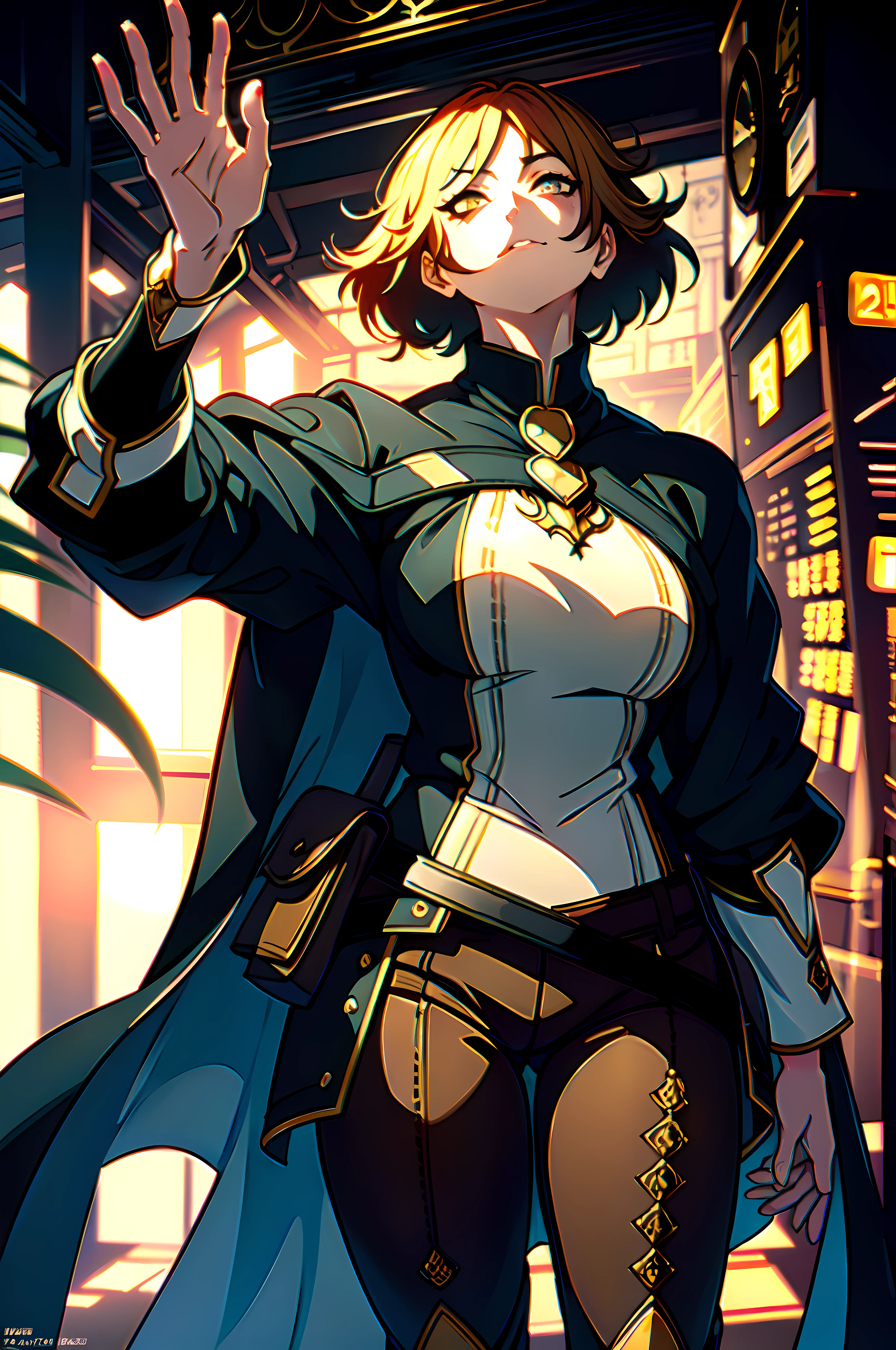 1_girl, ((Best quality)), ((masterpiece)), ((highly intricate details)), ((anime)), (anime:1.2), (perfect face:1.3), colorful, highest detailed, vibrant colors, high contrast, (8K UHD:1.2), (photorealistic:1.2),(masterpiece:1.4), (best quality:1.4),extremely detailed wallpaper, highly detailed illustrations, (super-complex details), 4K unified, (super-detailed CG: 1.2), (8K: 1.2), (original), (masterpiece), paled skin, yellow sanpaku eyes, black cloak, medium breasts, erotic, beatifull, very detailed fingers, very detailed hand, perfect_hands, well-detailed fingers, well-detailed hand, perfect, ((empty hands)), bags_under_eyes, blond hair, short hair, white shirt, brown pants, thigh boots, serious face, ((neia))