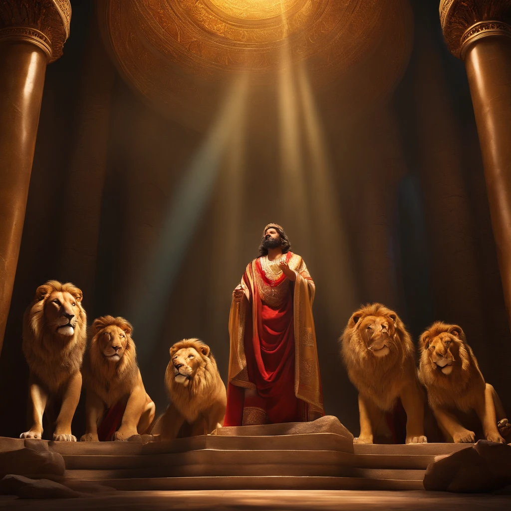 (best quality,4k,8k,highres,masterpiece:1.2),ultra-detailed,realistic:1.37,detailed depiction,colorful lighting,biblical scene,Daniel in the lion's den,detailed lions,religious art,vivid colors,expressive faces,impressive architecture,holy atmosphere,sacred scriptures,dramatic lighting,inspiring faith,profound emotions,strong shadows,chiaroscuro,divine intervention