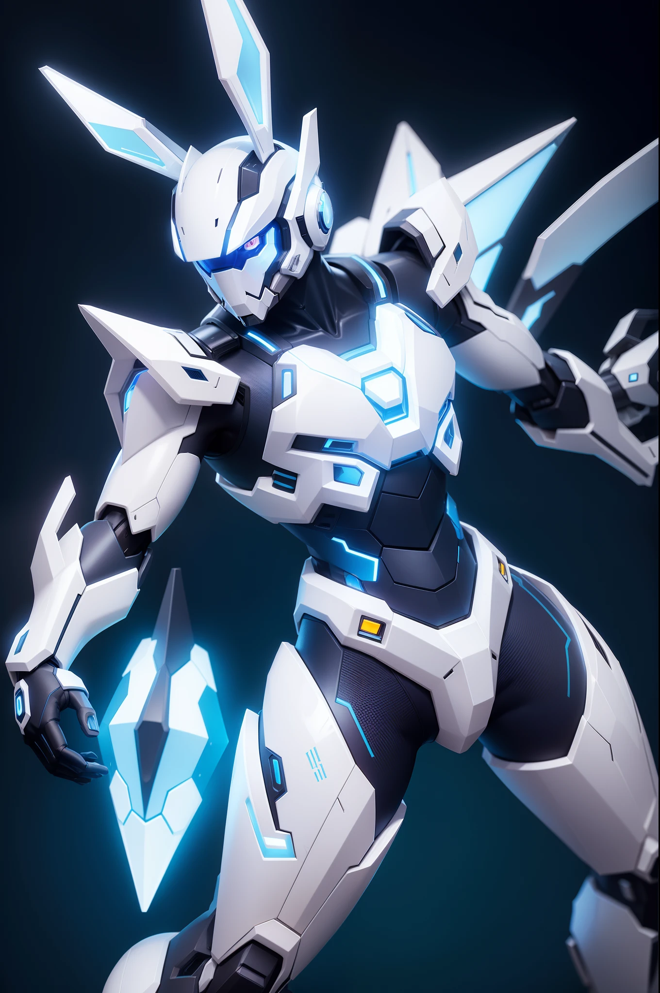 Rabbit mecha,  pearl white color, glowing inbuilt blue LED lighting, cowboy shot, dynamic pose,