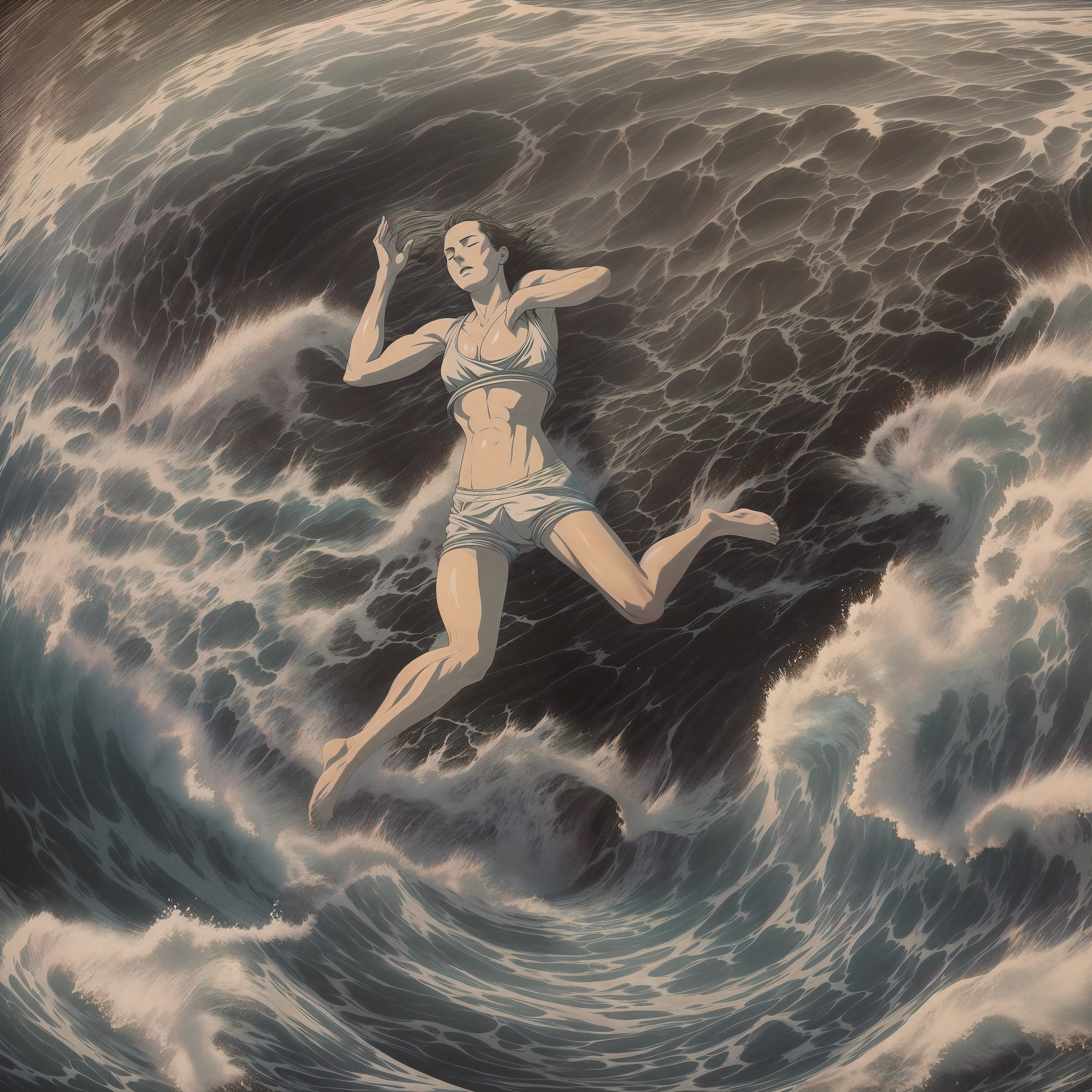 Painting of a woman surfing a wave on top of a watch, inspired by Jon Foster, jen bartel, by Jon Foster, rob rey, dan mumford. maya render, fractal thunder dan mumford, dan mumford tom bagshaw, by Jason Benjamin, by Noah Bradley, painting by dan mumford, pete mohrbacher, by Justin Gerard, symmetrical epic fantasy art, black background, neutral, --auto --s2