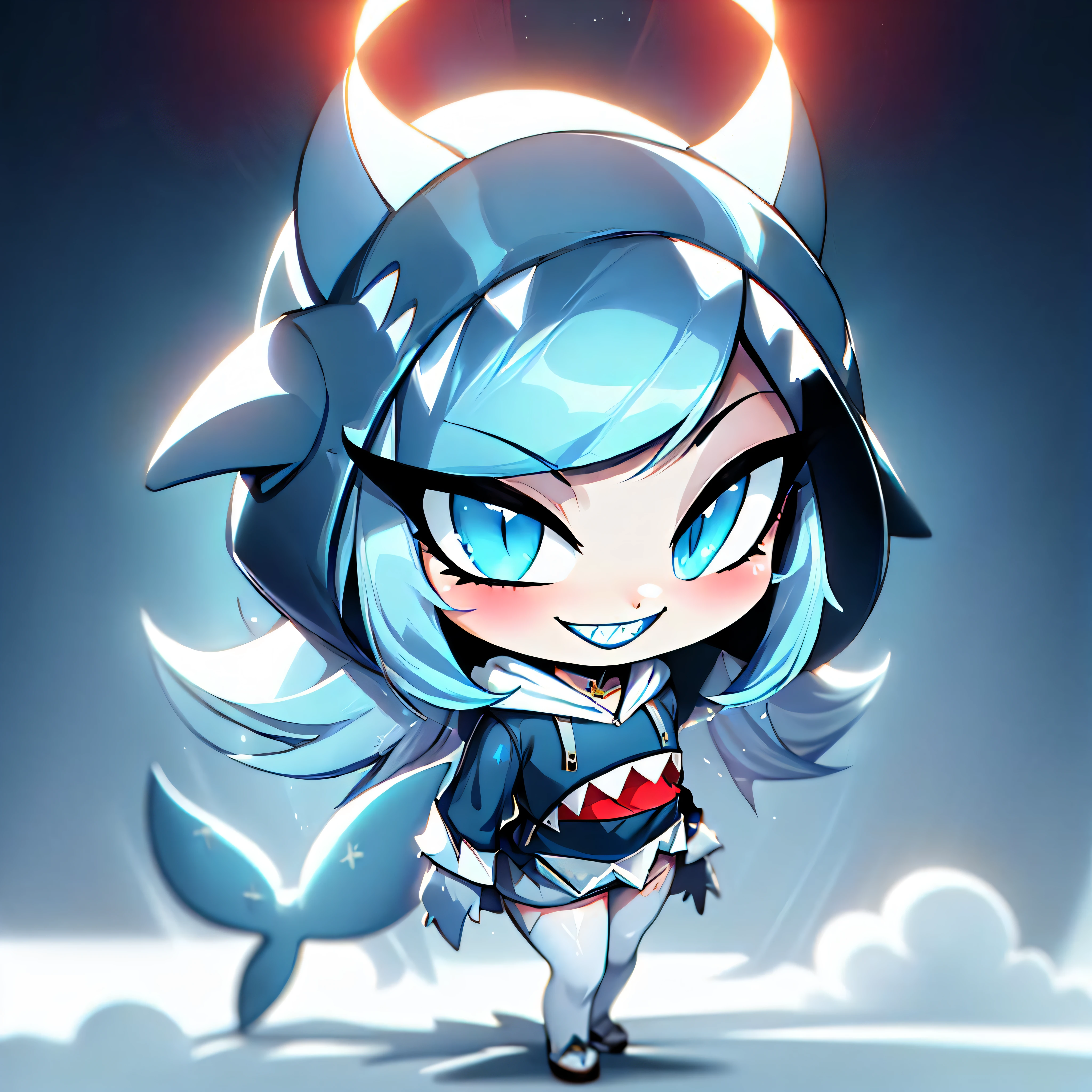 blessedtech, blessed, aura,
full body, chibi, 1girl,
multicolored hair , blue eyes,smile,
gawr gura, shark girl, shark tail, shark print, blue hoodie, sharp teeth, animal hood, hood up,