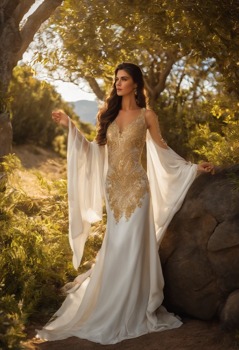 Description of ancient Greek mythology,Colorful clouds fill the entire sky,Venus, the Greek goddess dressed in Kramis beige veil, stands naked and light on the skyline sea,Long flowing light blonde hair,Expose the collarbone shoulders,Barefoot,Perfect and exquisite facial features,The sea is misty,Ultra high quality,Highly realistic,8K分辨率,full body shot shot,,natural soft light,It's like a Victorian oil painting,high detal,