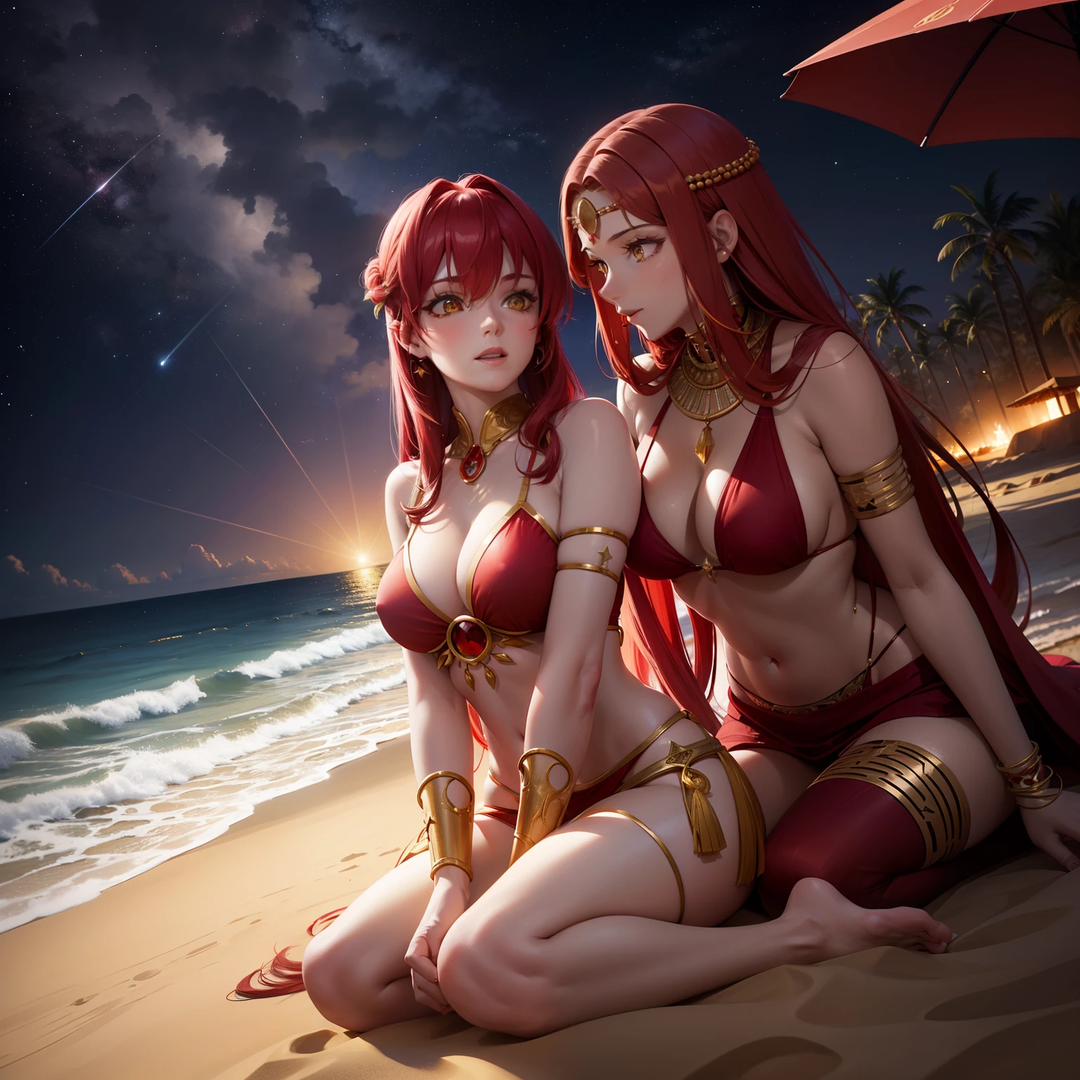 An adult woman with red glowing hair and yellow eyes like stars is on the beach in the evening watching the stars, look like a TE KÁ from myth. A beautiful person, surrounded by water. Look like a goodess, ancient outfits aztek