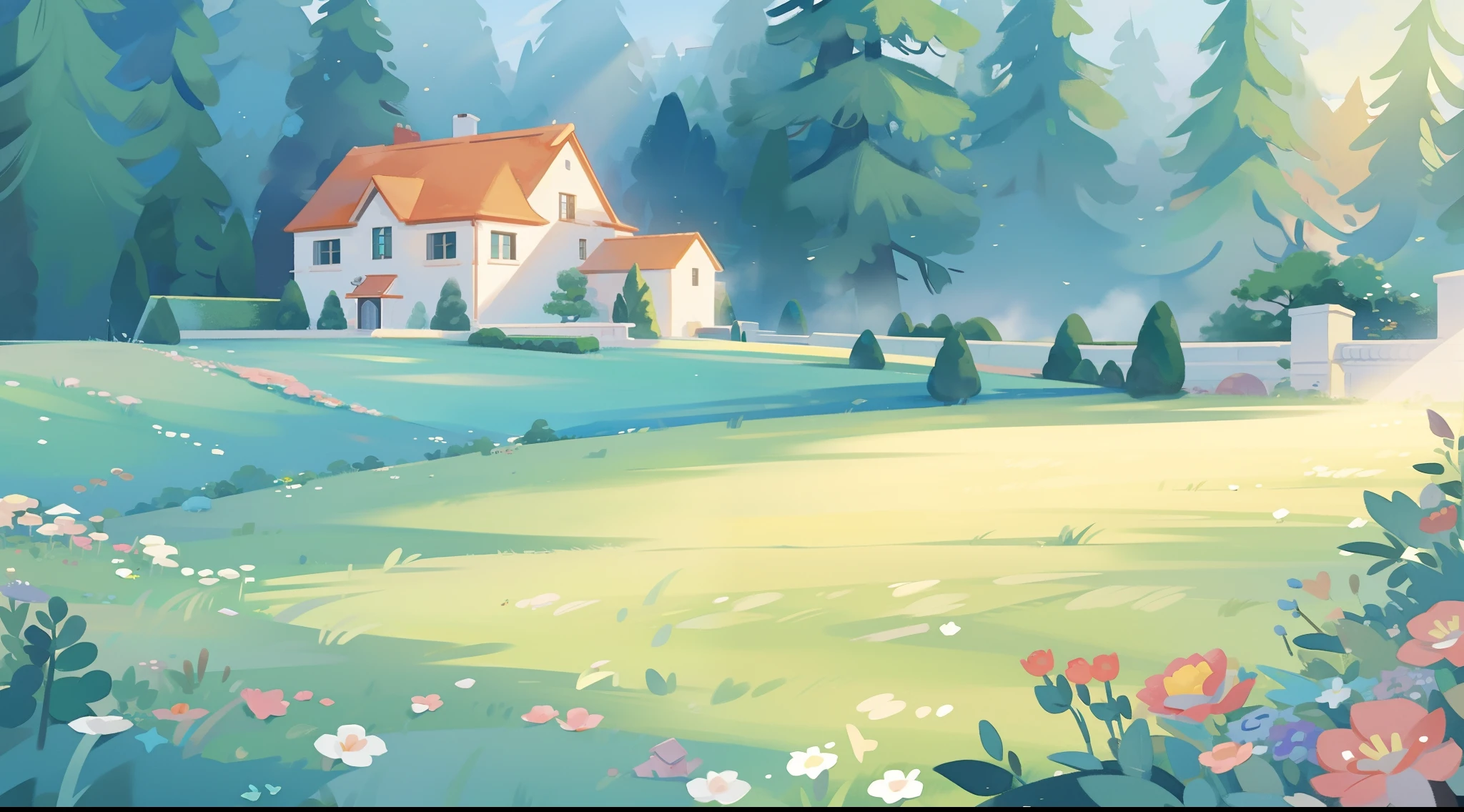 watercolor storybook illustration, hidden huge whimsical asymmetrical castle, warm colors, colorful flower garden, overgrown vines and plants, trees and bushes